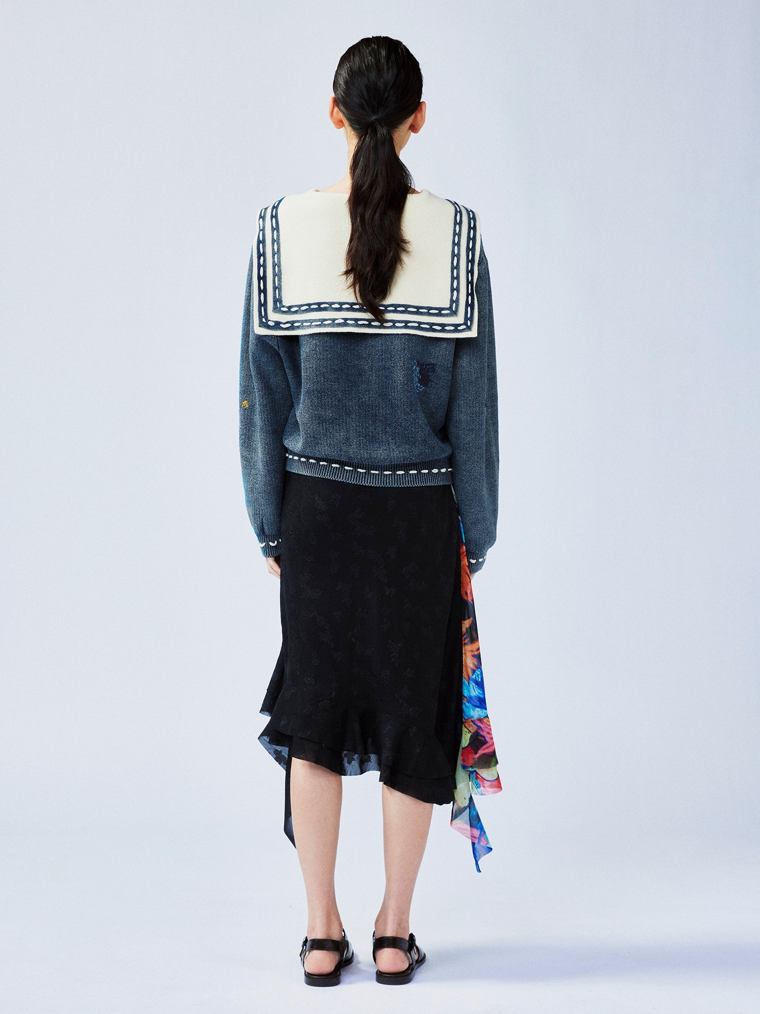 Floral patchwork distressed navy collar cardigan