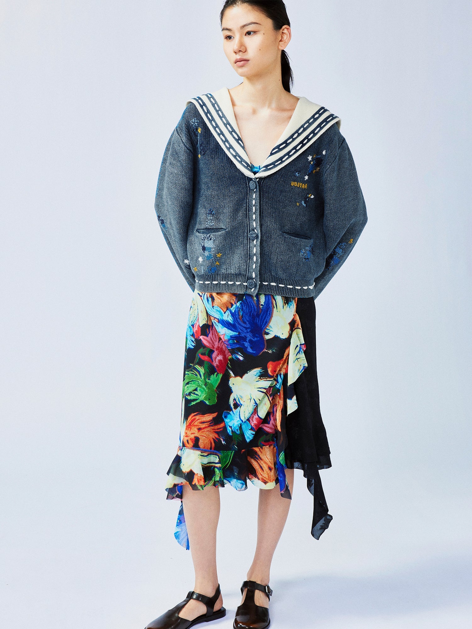 Floral patchwork distressed navy collar cardigan