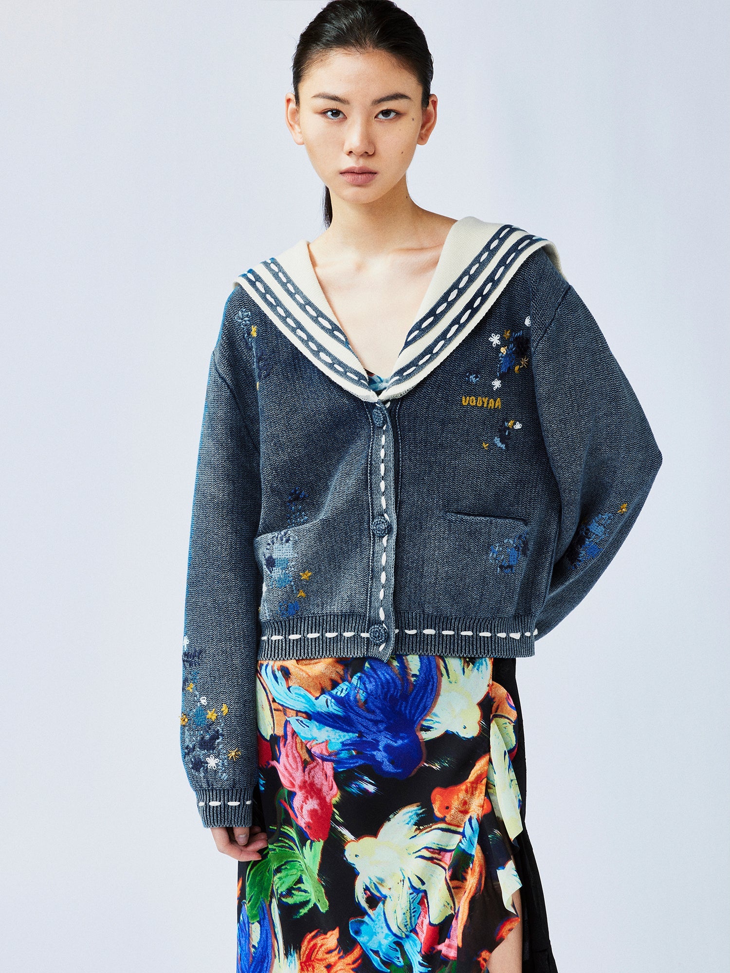 Floral patchwork distressed navy collar cardigan