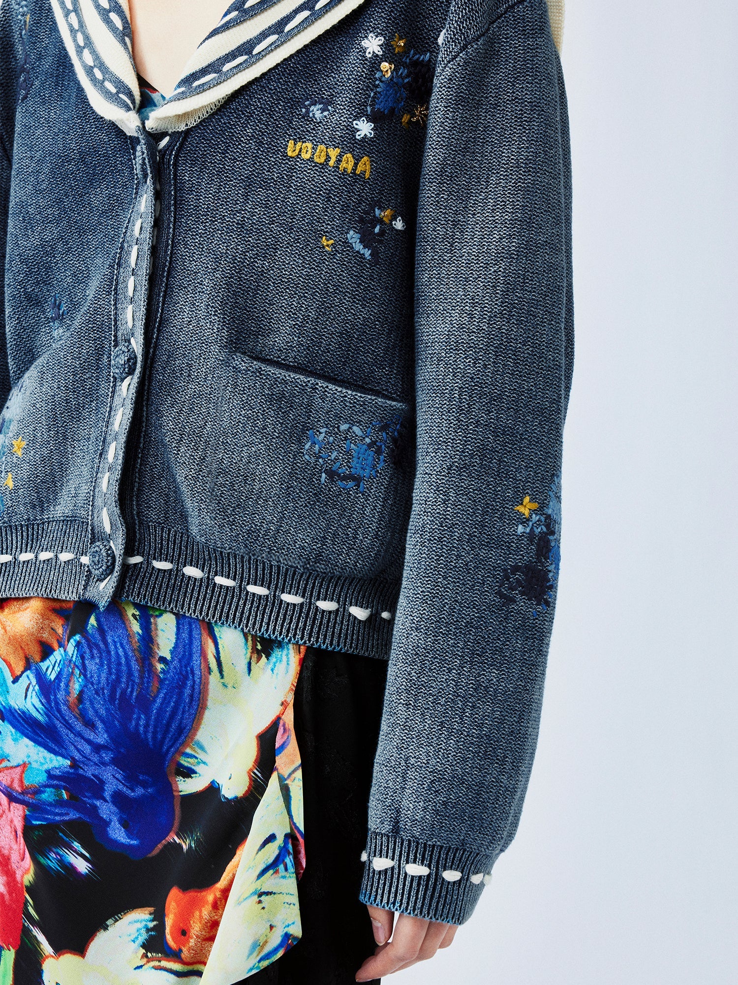 Floral patchwork distressed navy collar cardigan