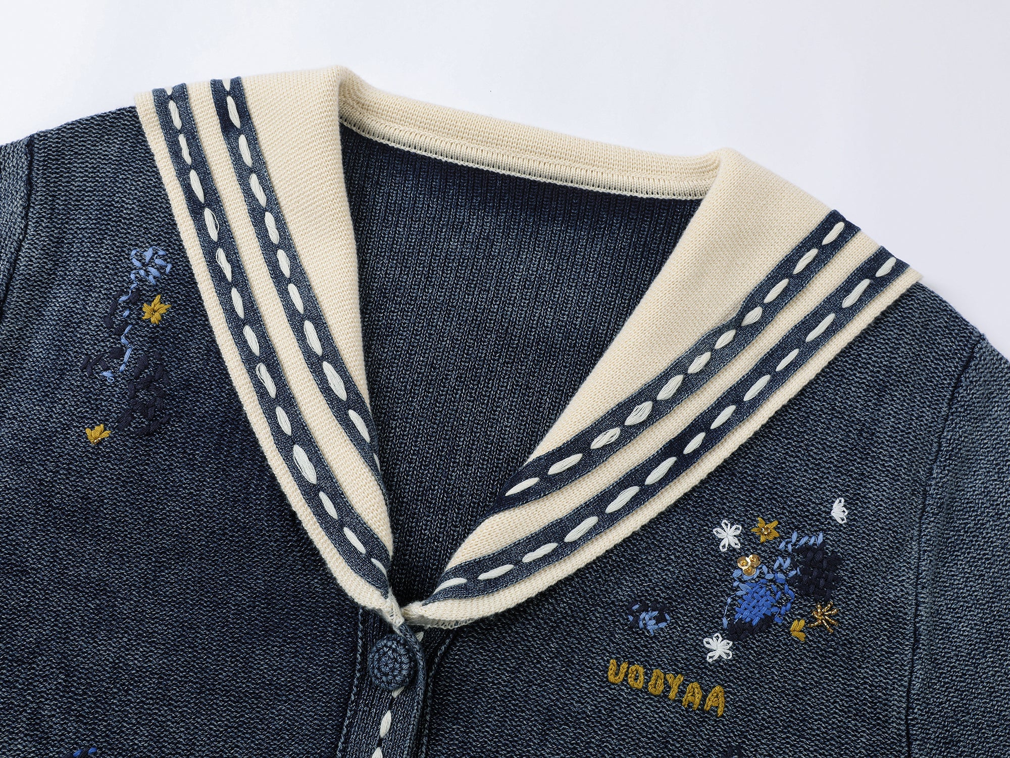 Floral patchwork distressed navy collar cardigan