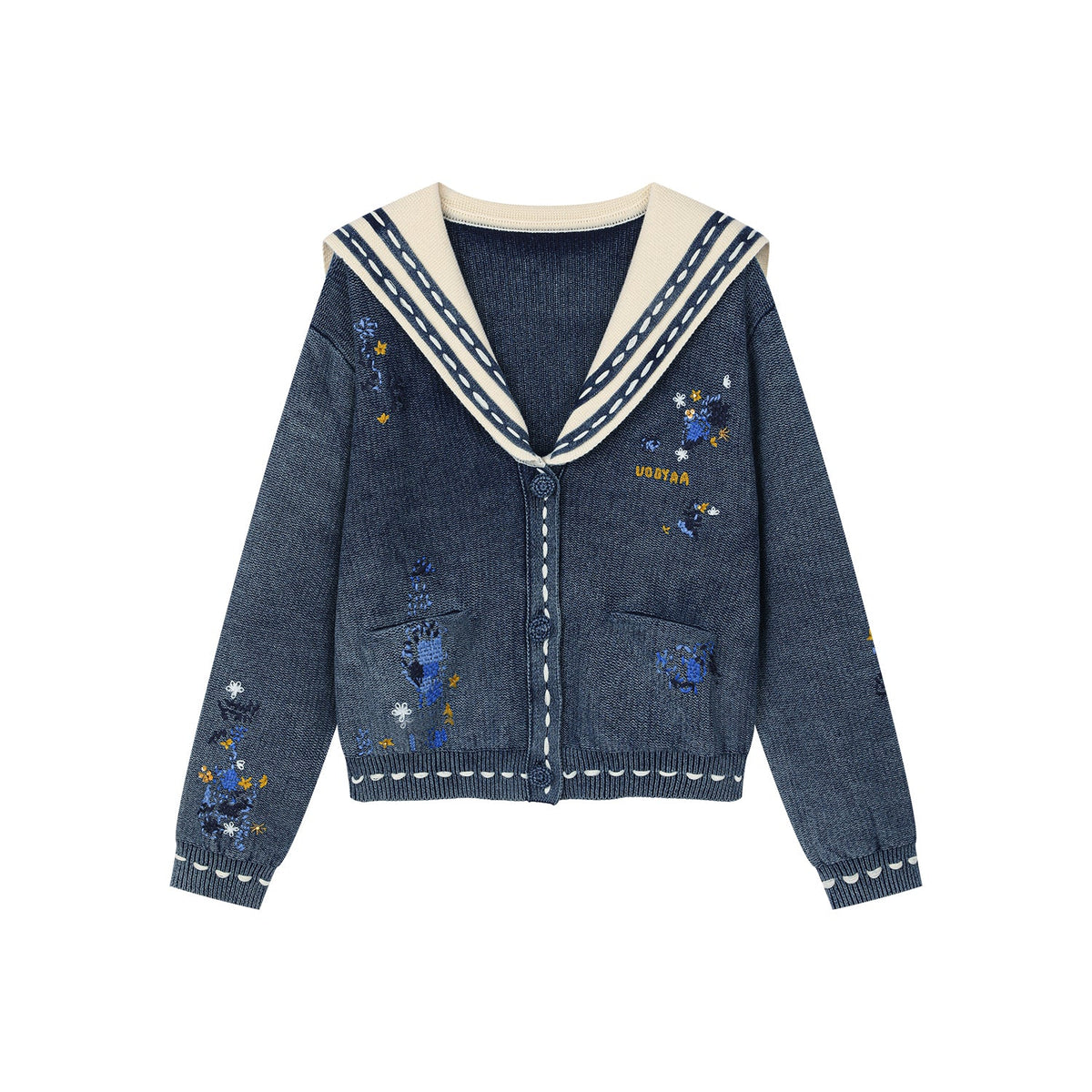 Floral patchwork distressed navy collar cardigan