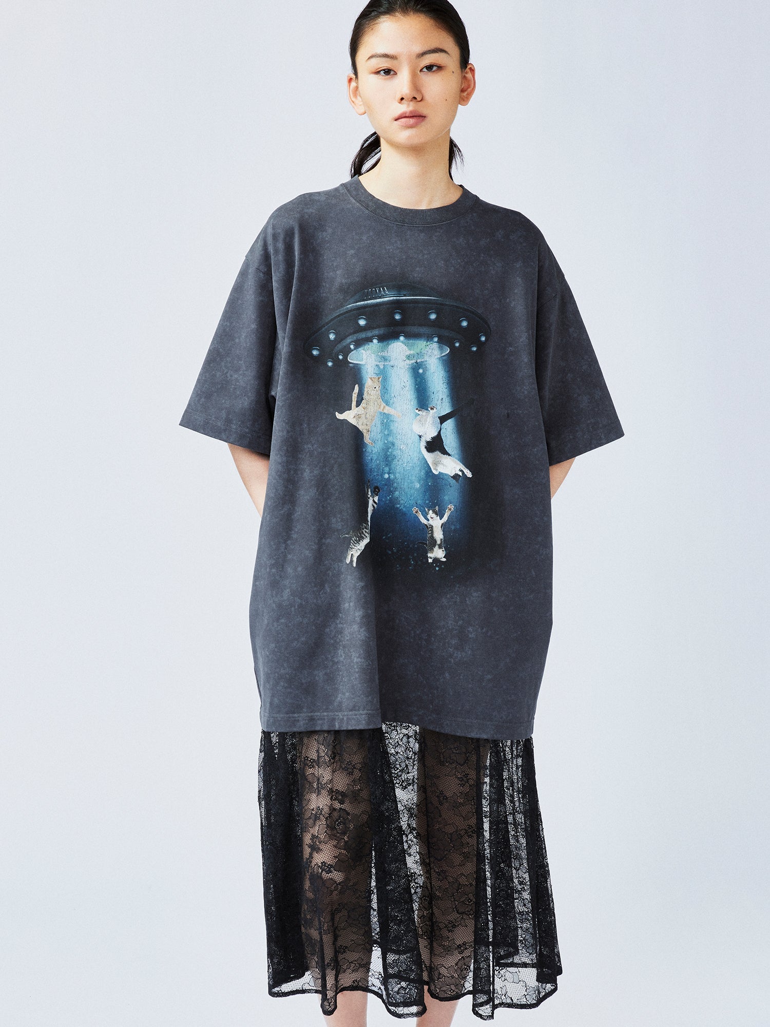Playfully witty "UFO beaming cat" graphic T-shirt dress
