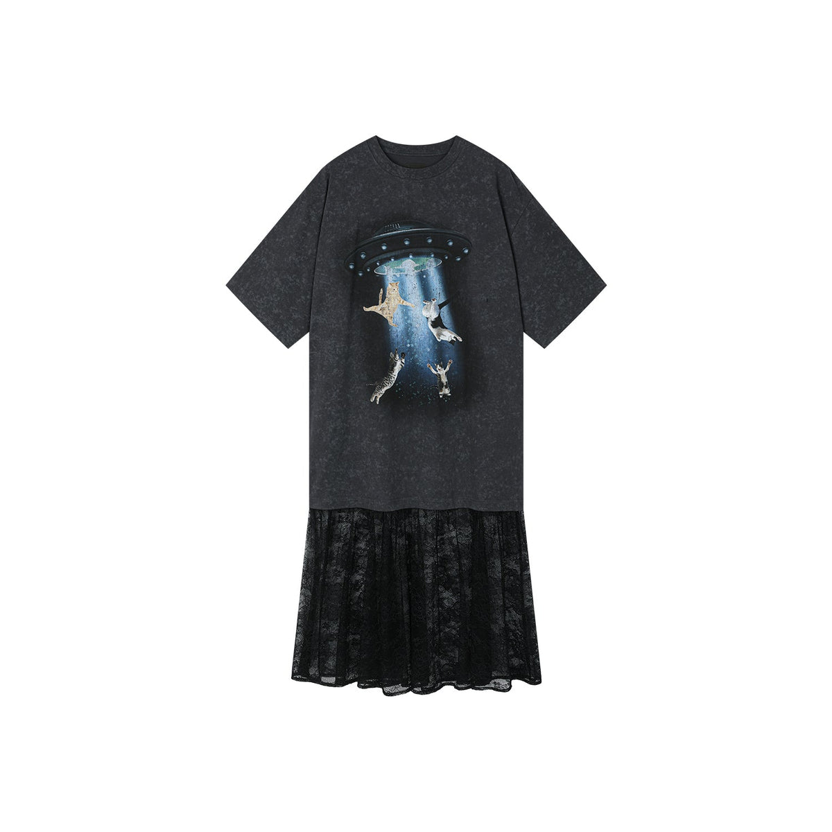 Playfully witty "UFO beaming cat" graphic T-shirt dress