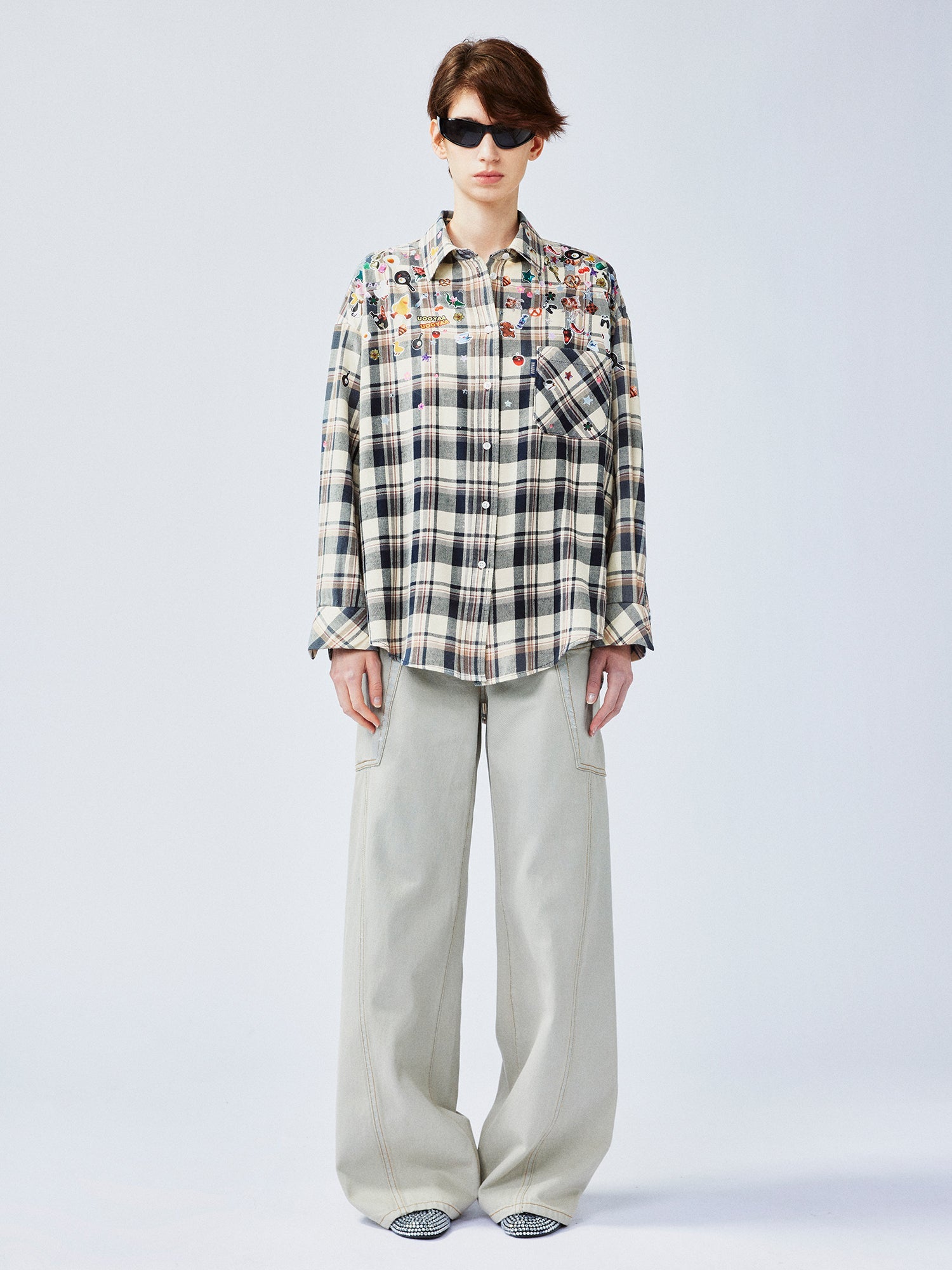 Playful sticker patch plaid shirt