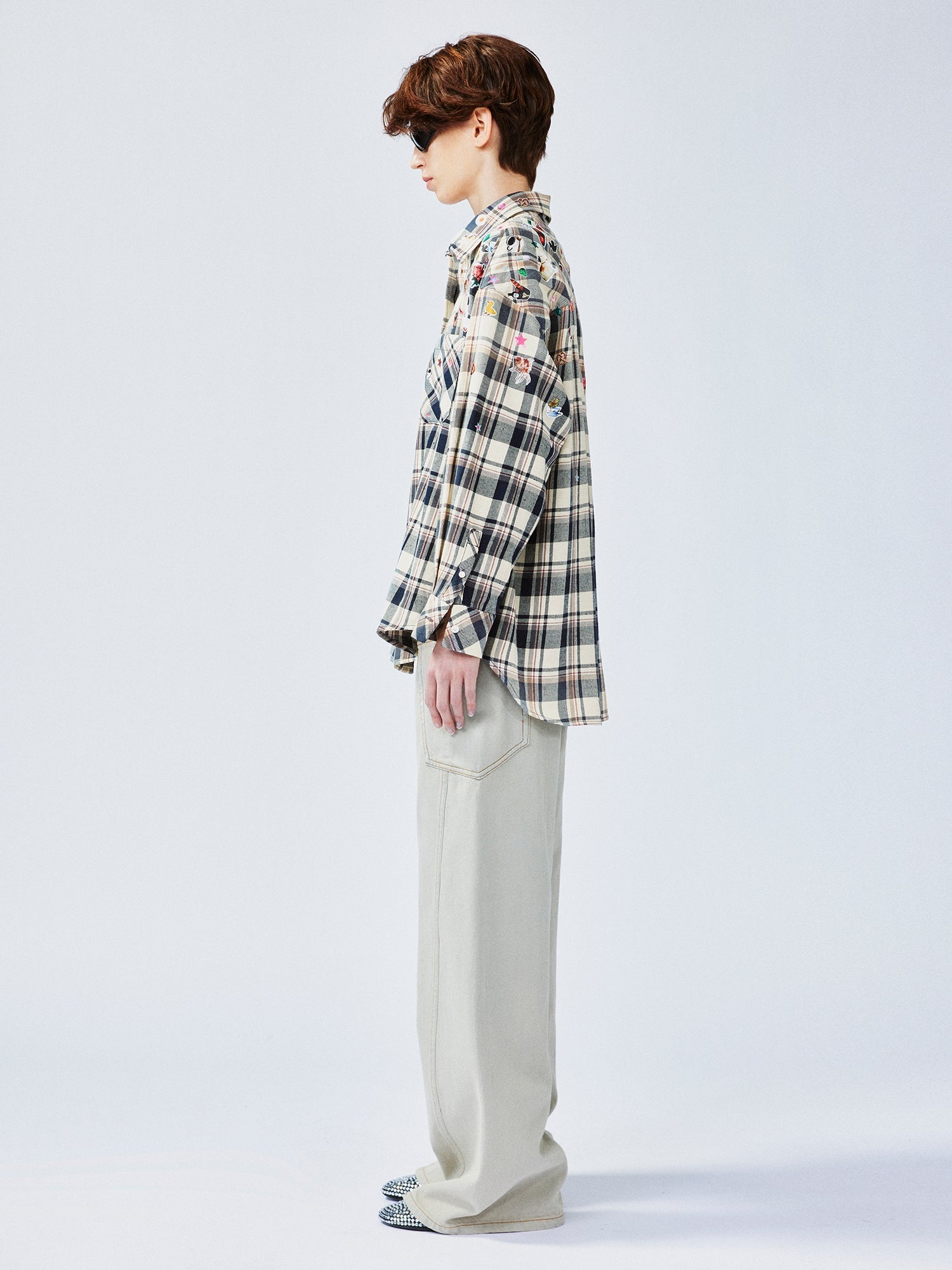 Playful sticker patch plaid shirt