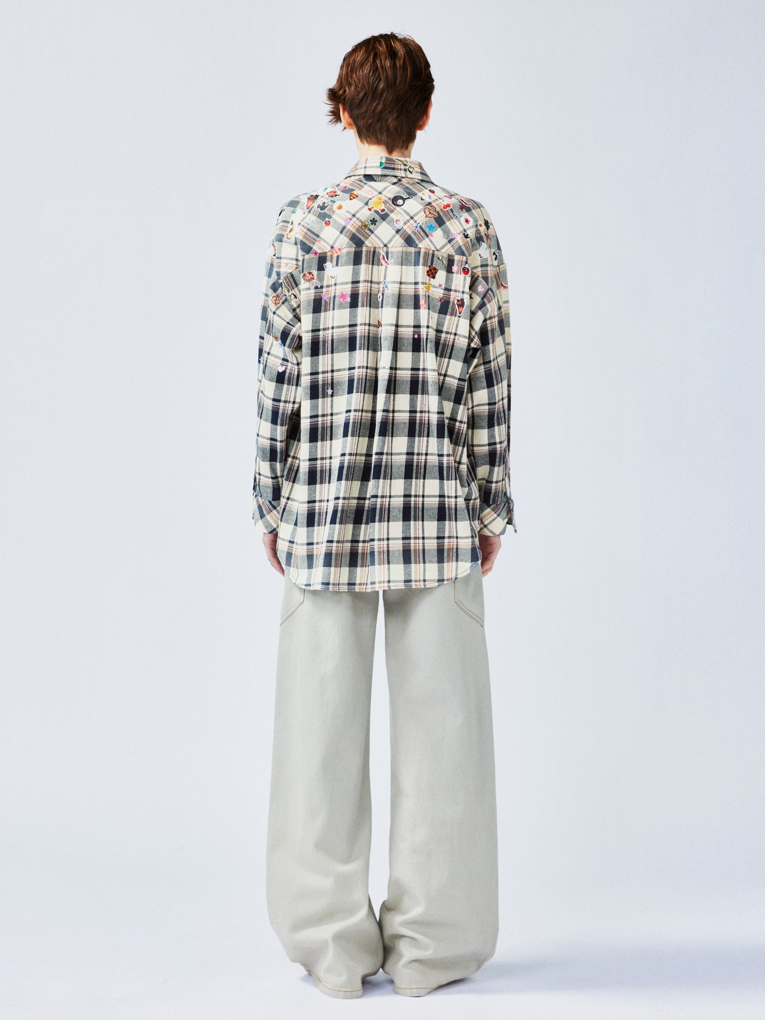 Playful sticker patch plaid shirt