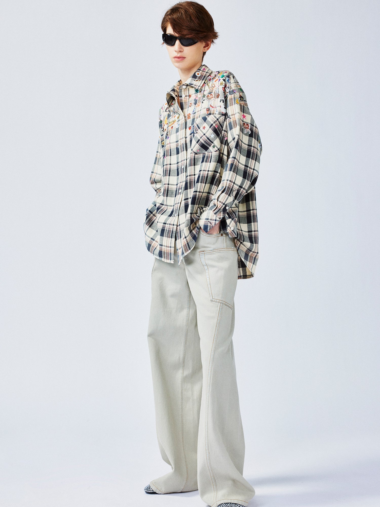 Playful sticker patch plaid shirt