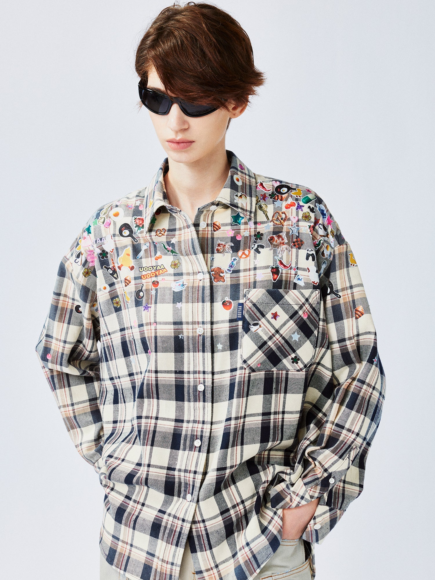 Playful sticker patch plaid shirt