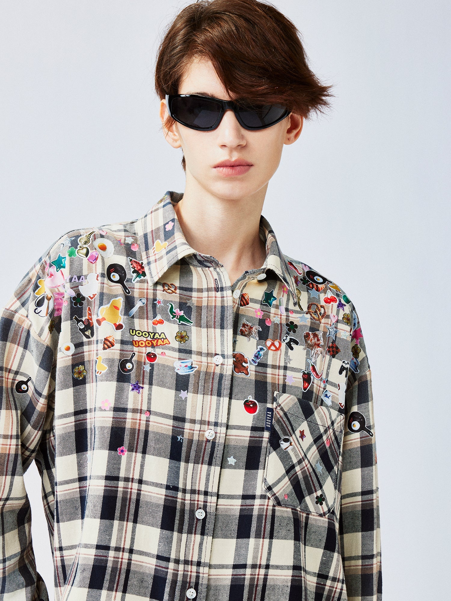 Playful sticker patch plaid shirt