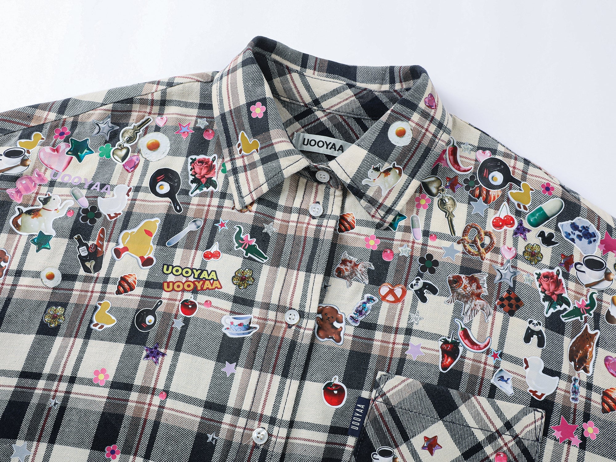Playful sticker patch plaid shirt