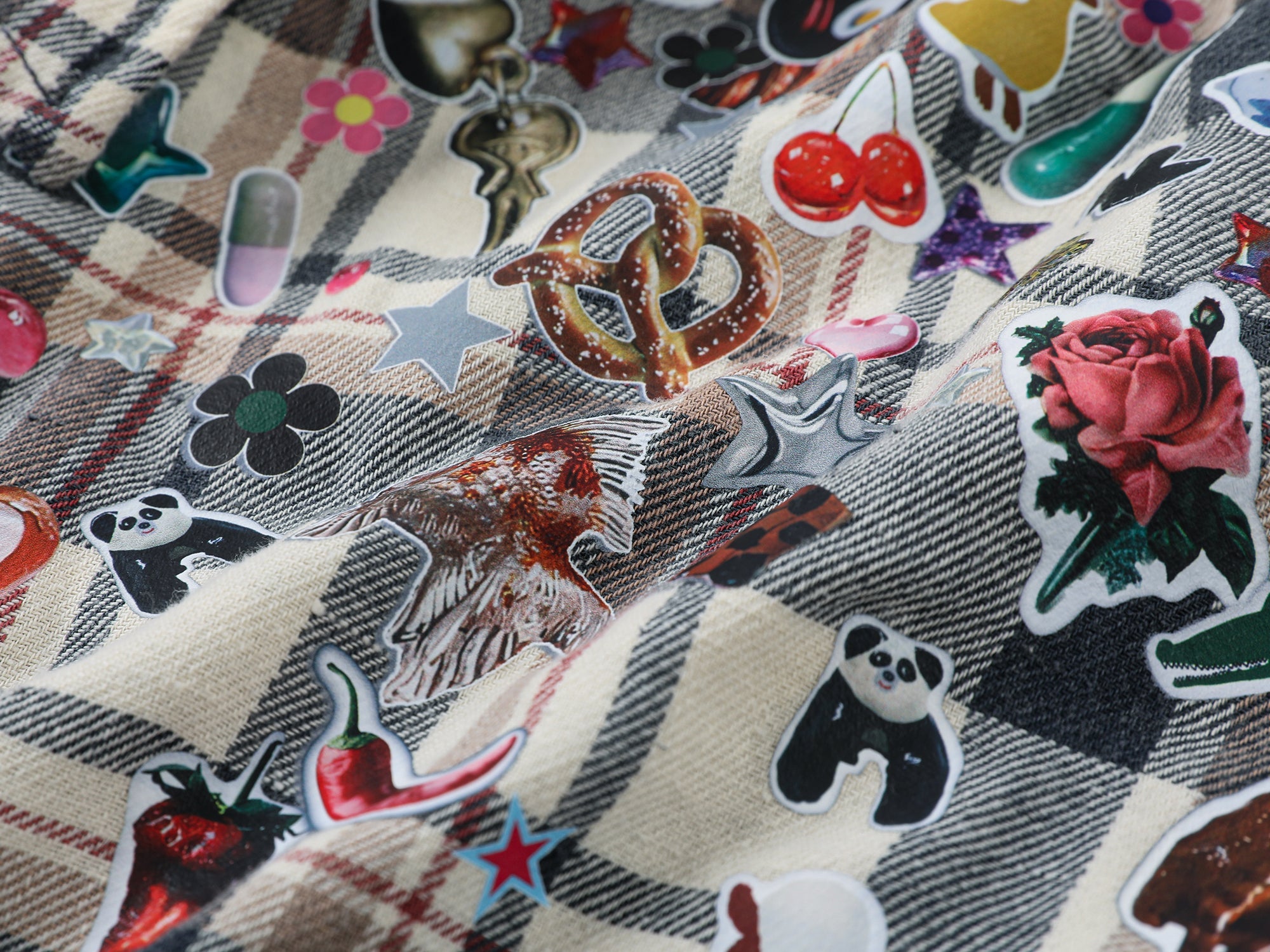 Playful sticker patch plaid shirt