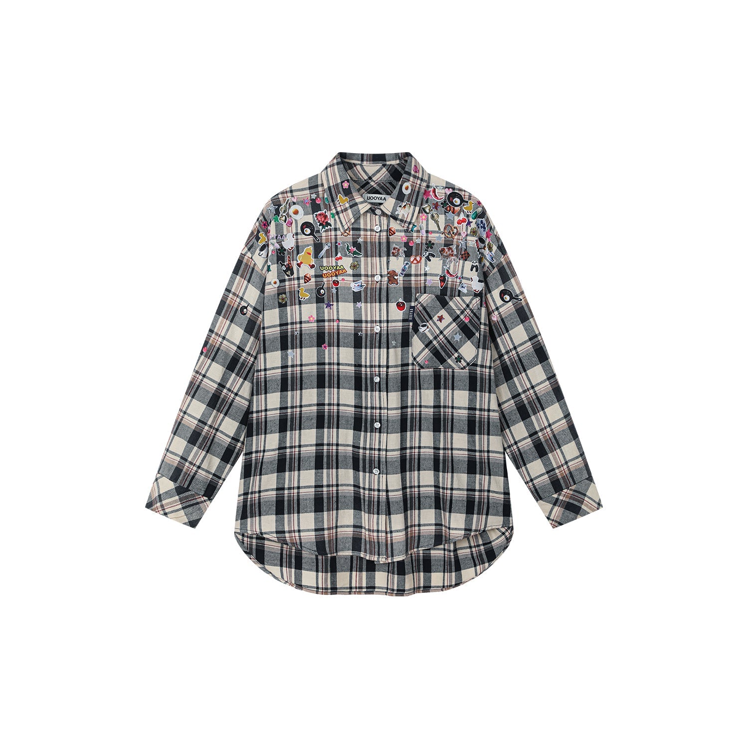 Playful sticker patch plaid shirt