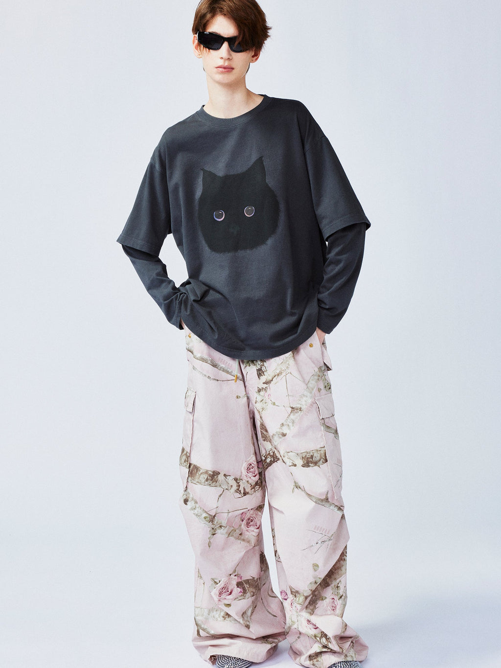 ぽっちゃり黒猫フェイクツーピースTシャツ