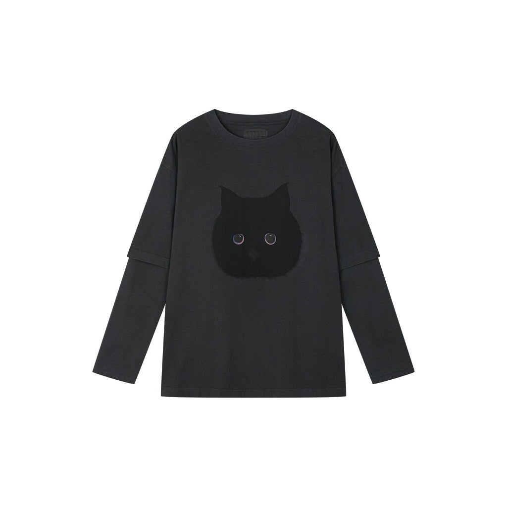 ぽっちゃり黒猫フェイクツーピースTシャツ