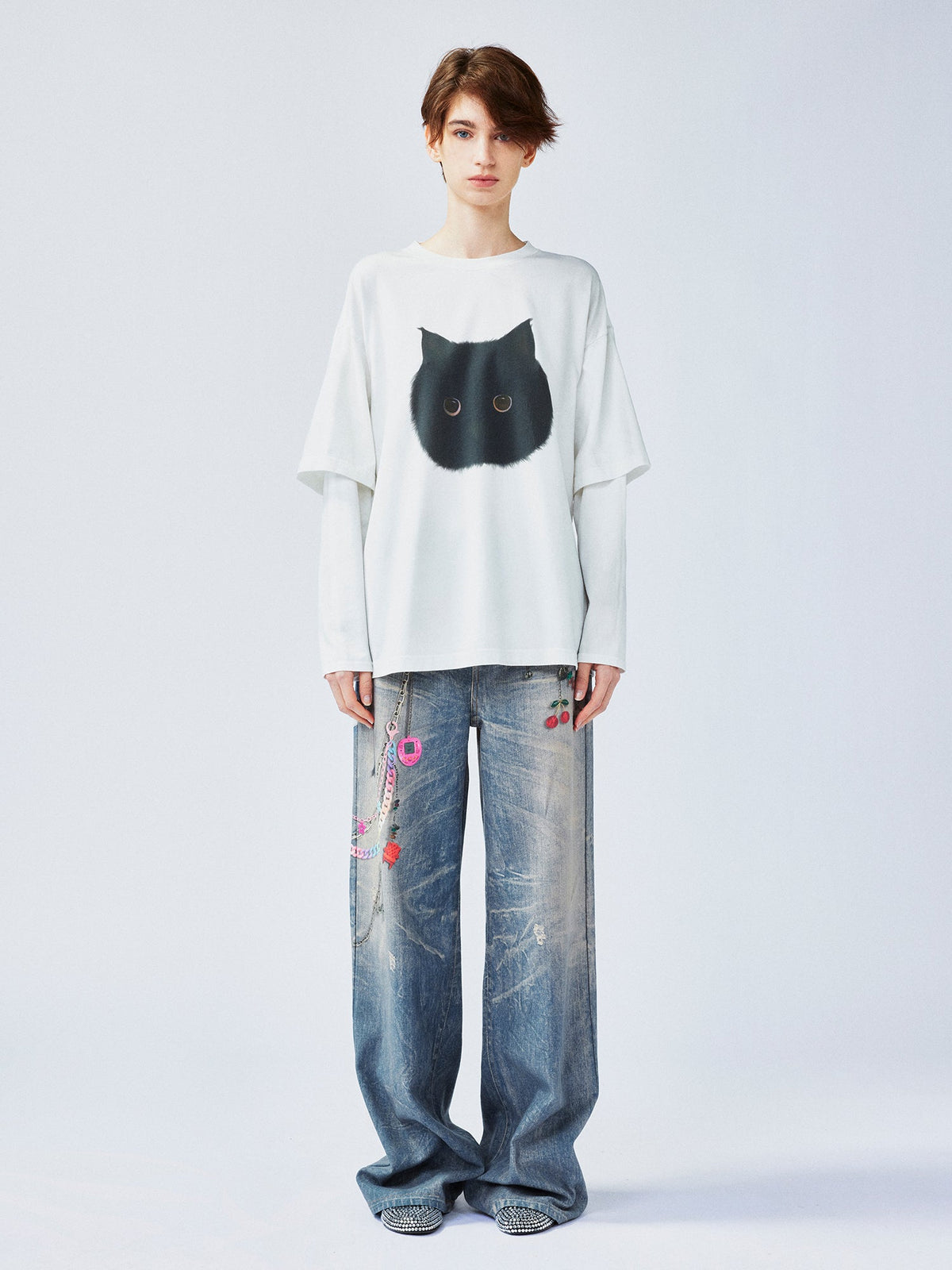 ぽっちゃり黒猫フェイクツーピースTシャツ