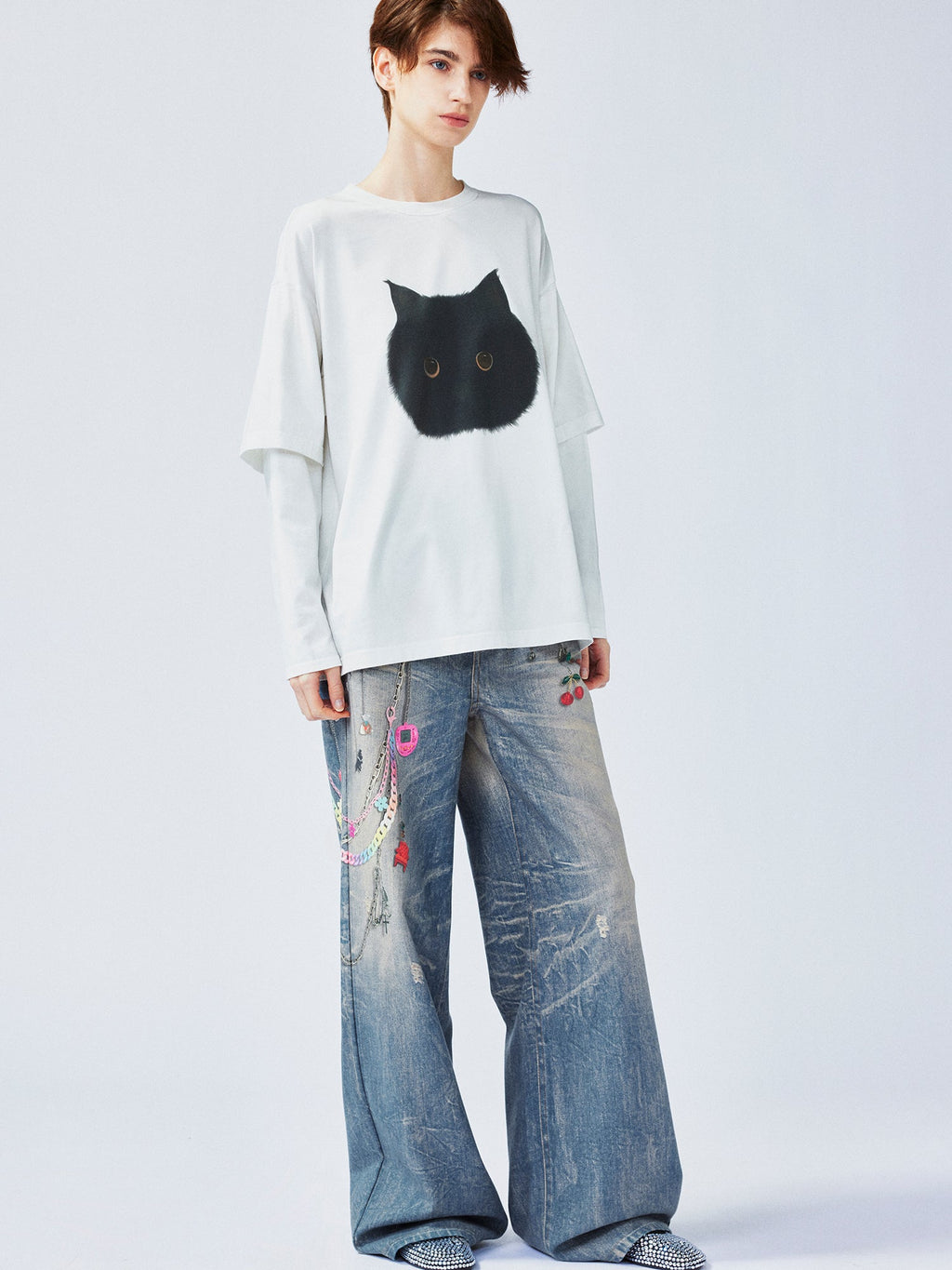 ぽっちゃり黒猫フェイクツーピースTシャツ