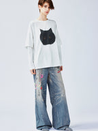 ぽっちゃり黒猫フェイクツーピースTシャツ