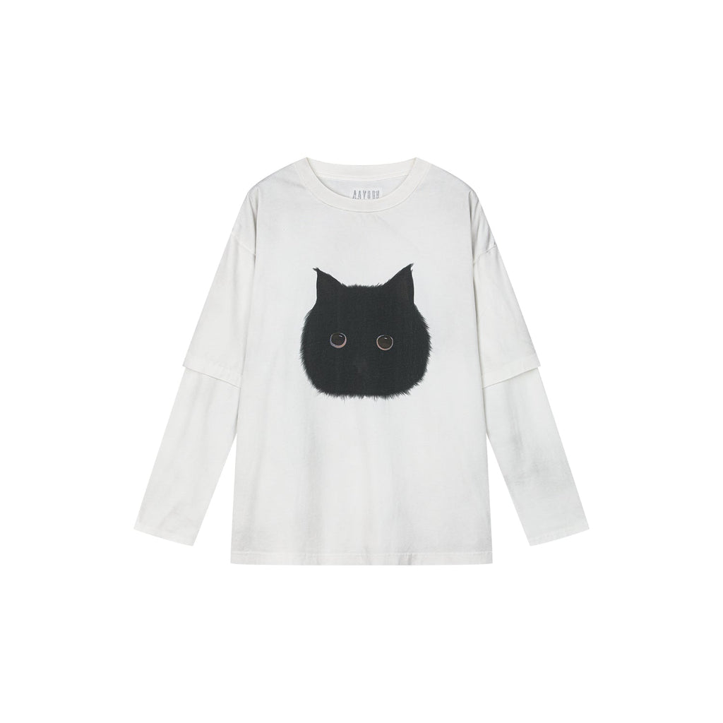 ぽっちゃり黒猫フェイクツーピースTシャツ