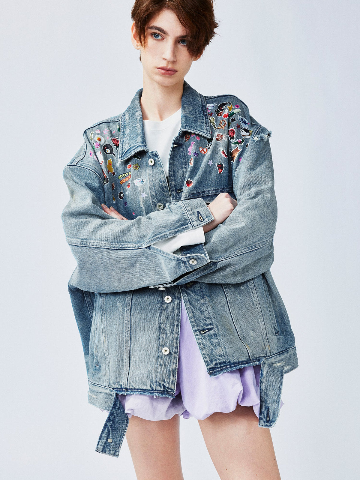 Playful sticker patch denim jacket