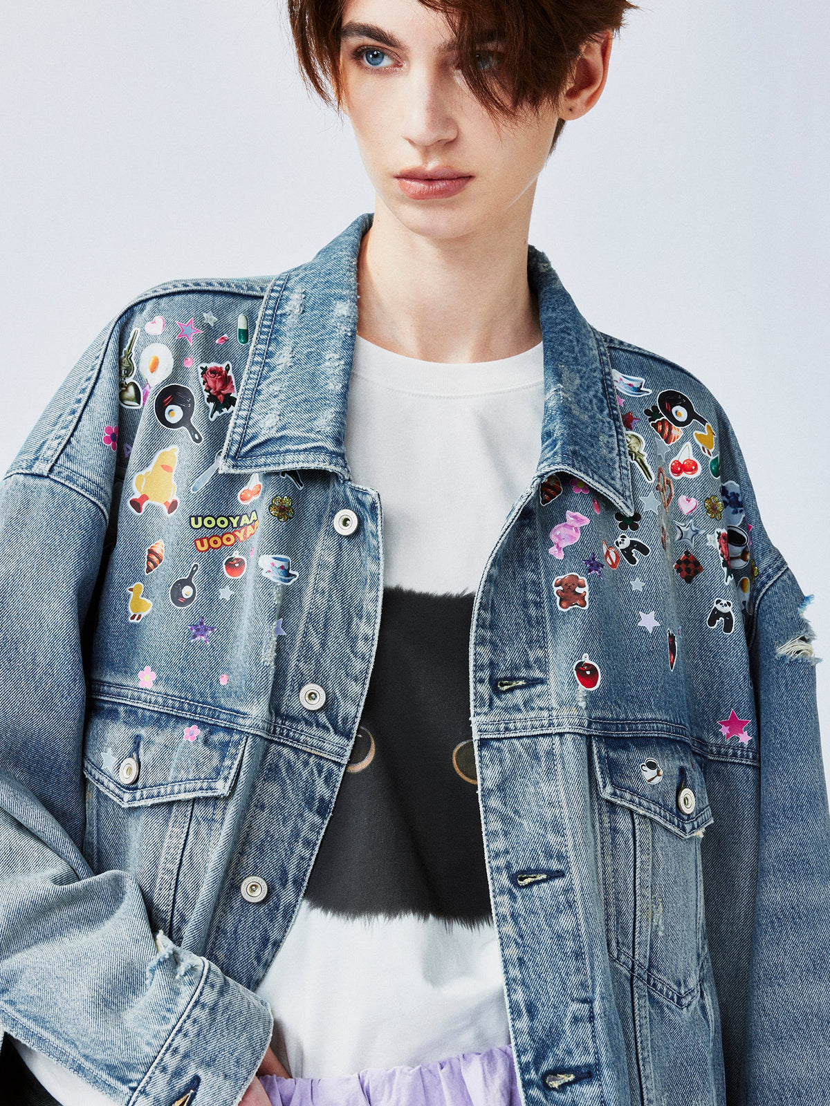 Playful sticker patch denim jacket