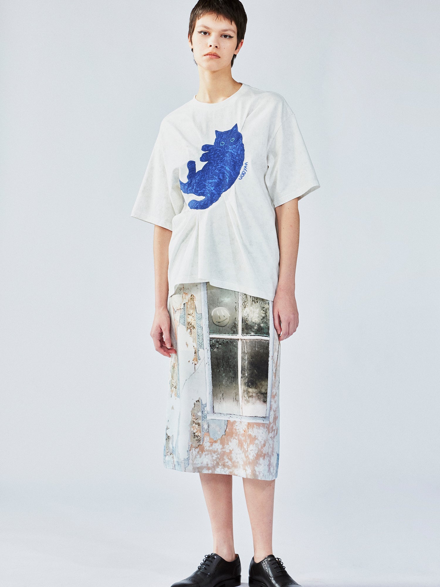 Satin window scene print slip skirt