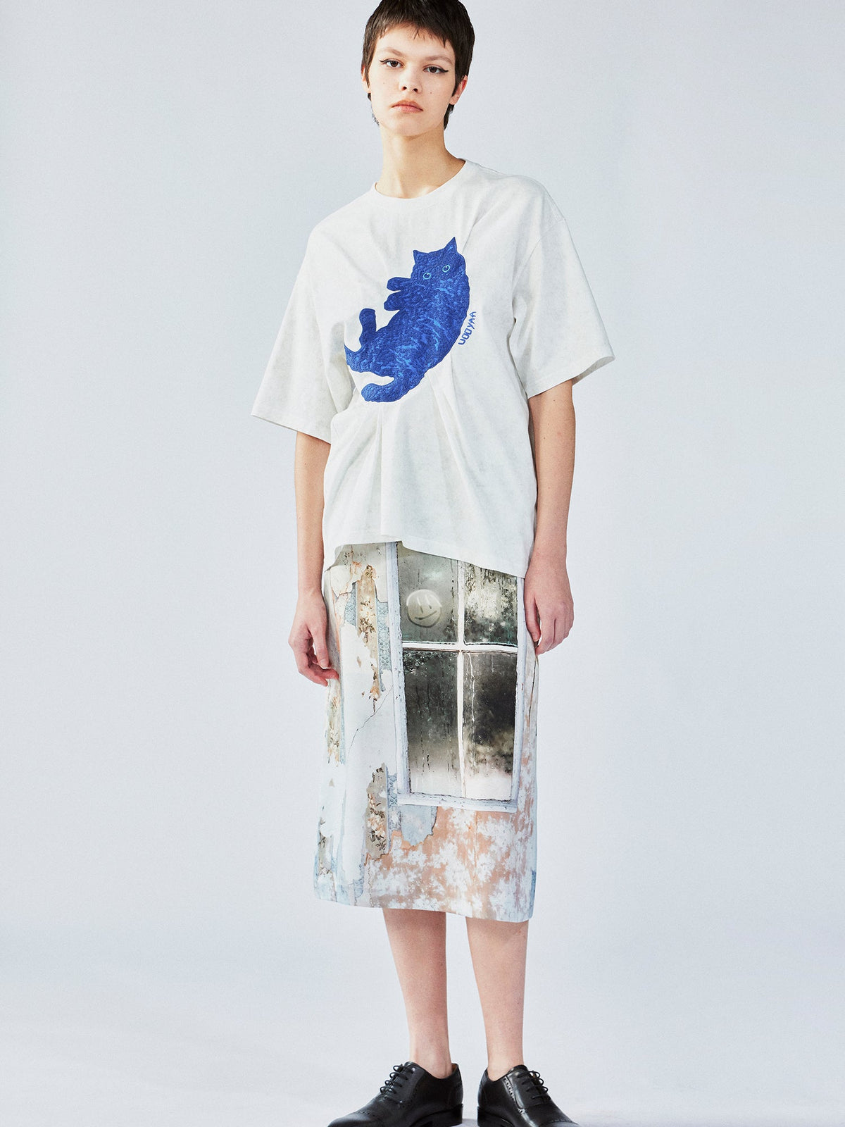 Satin window scene print slip skirt