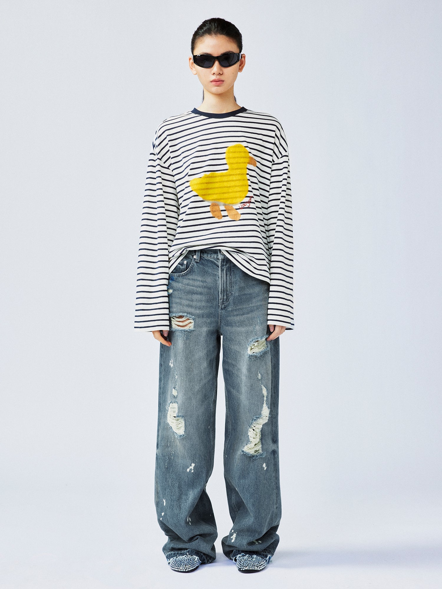 "I"-type personality duck sailor-striped T-shirt