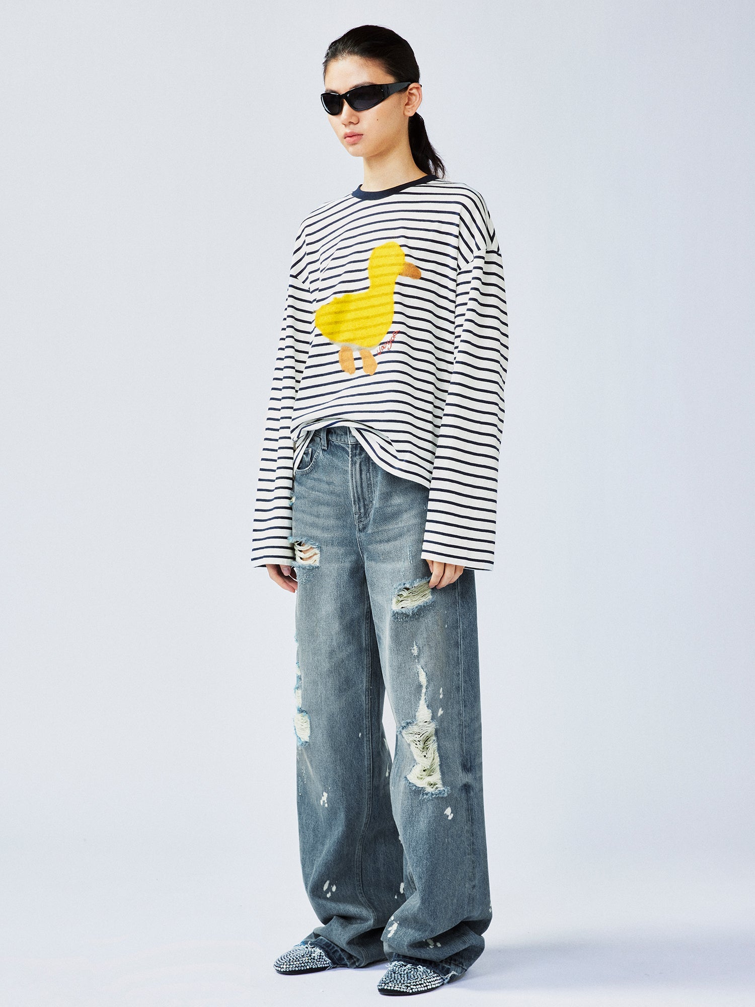 "I"-type personality duck sailor-striped T-shirt