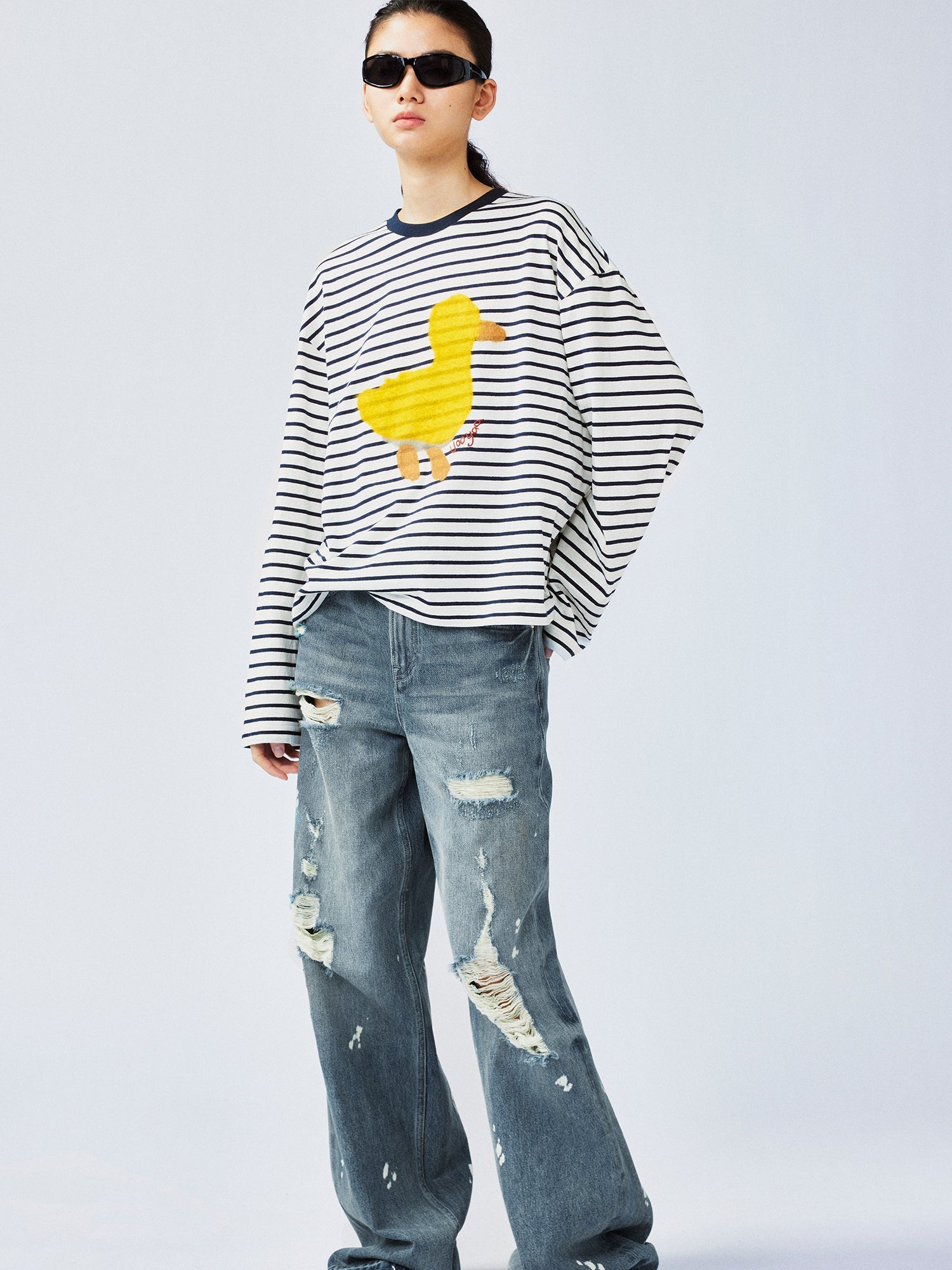 "I"-type personality duck sailor-striped T-shirt