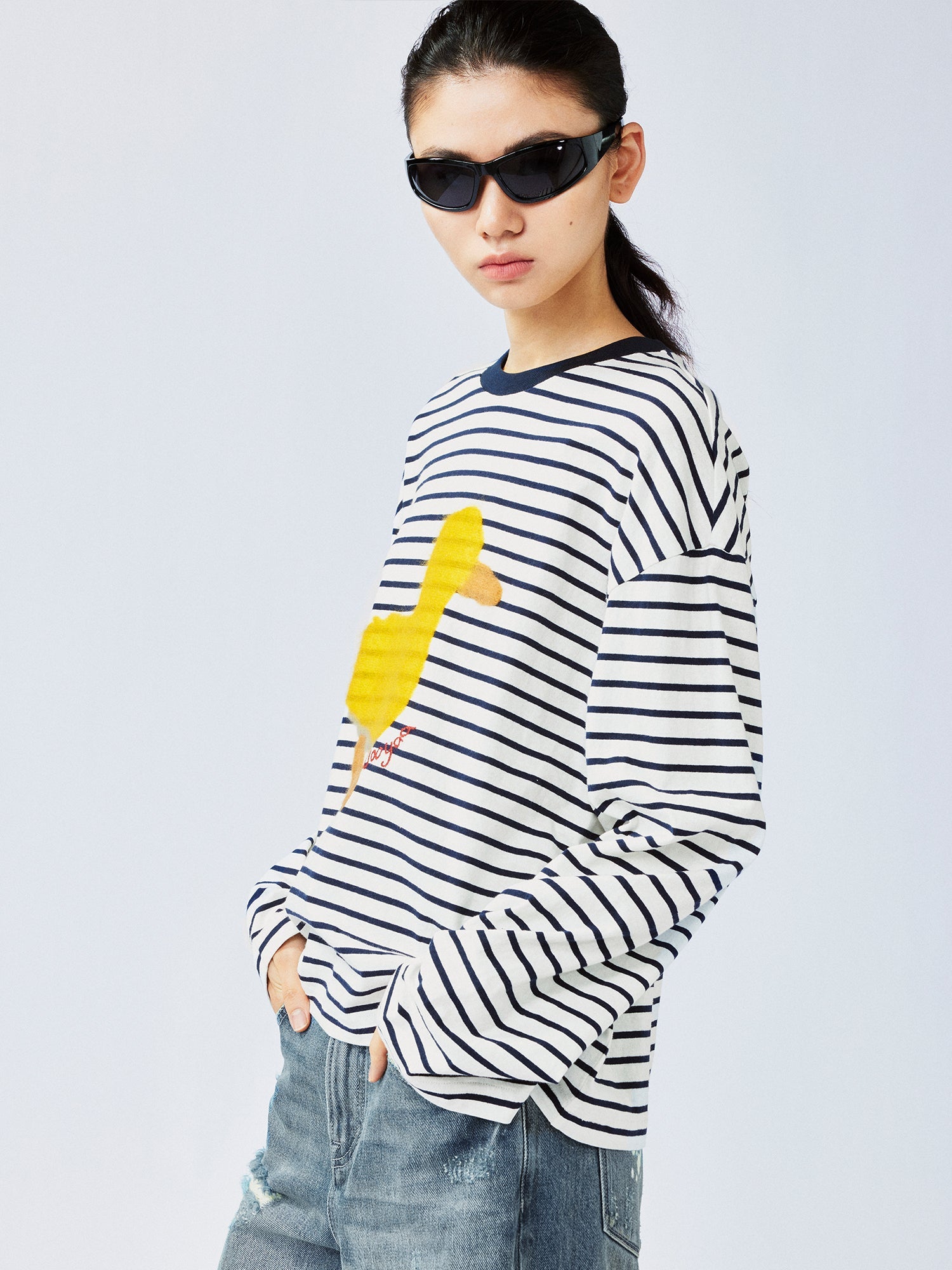 "I"-type personality duck sailor-striped T-shirt