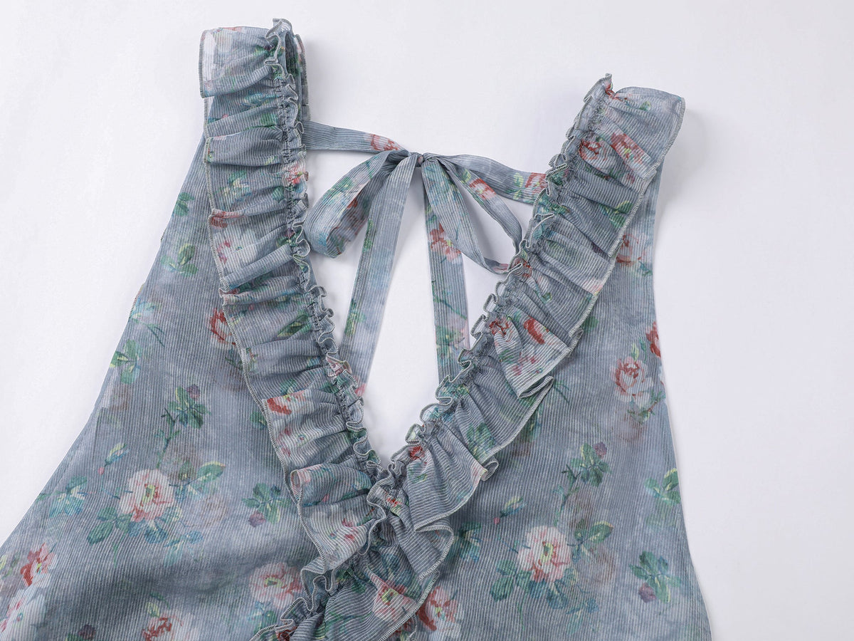 ロマンチックな壁紙の花柄サスペンダードレス