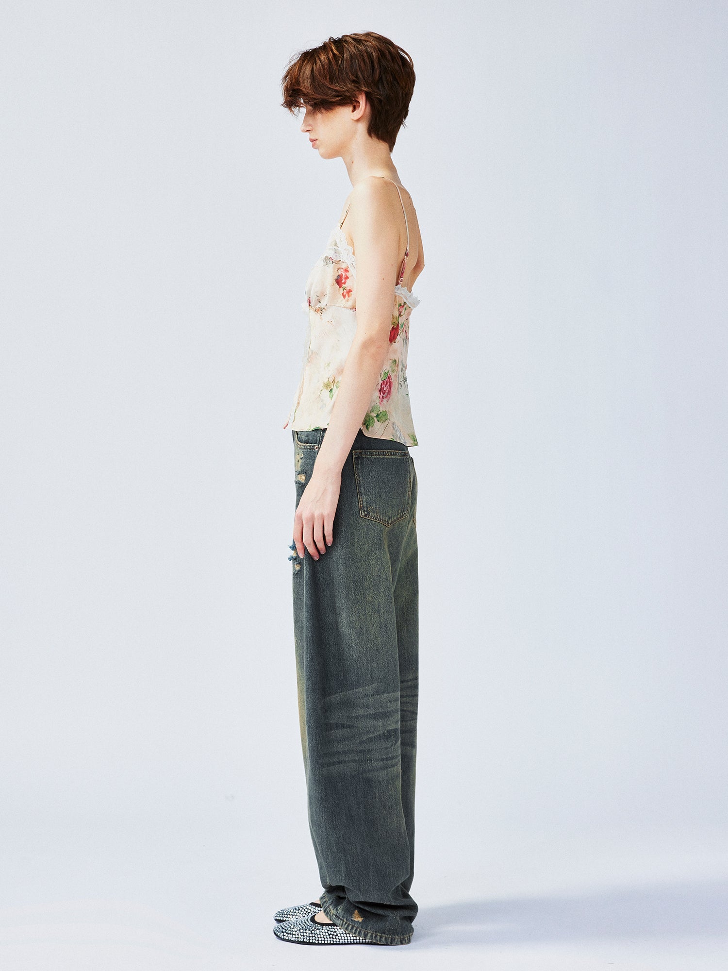 Vintage distressed wallpaper floral lace camisole