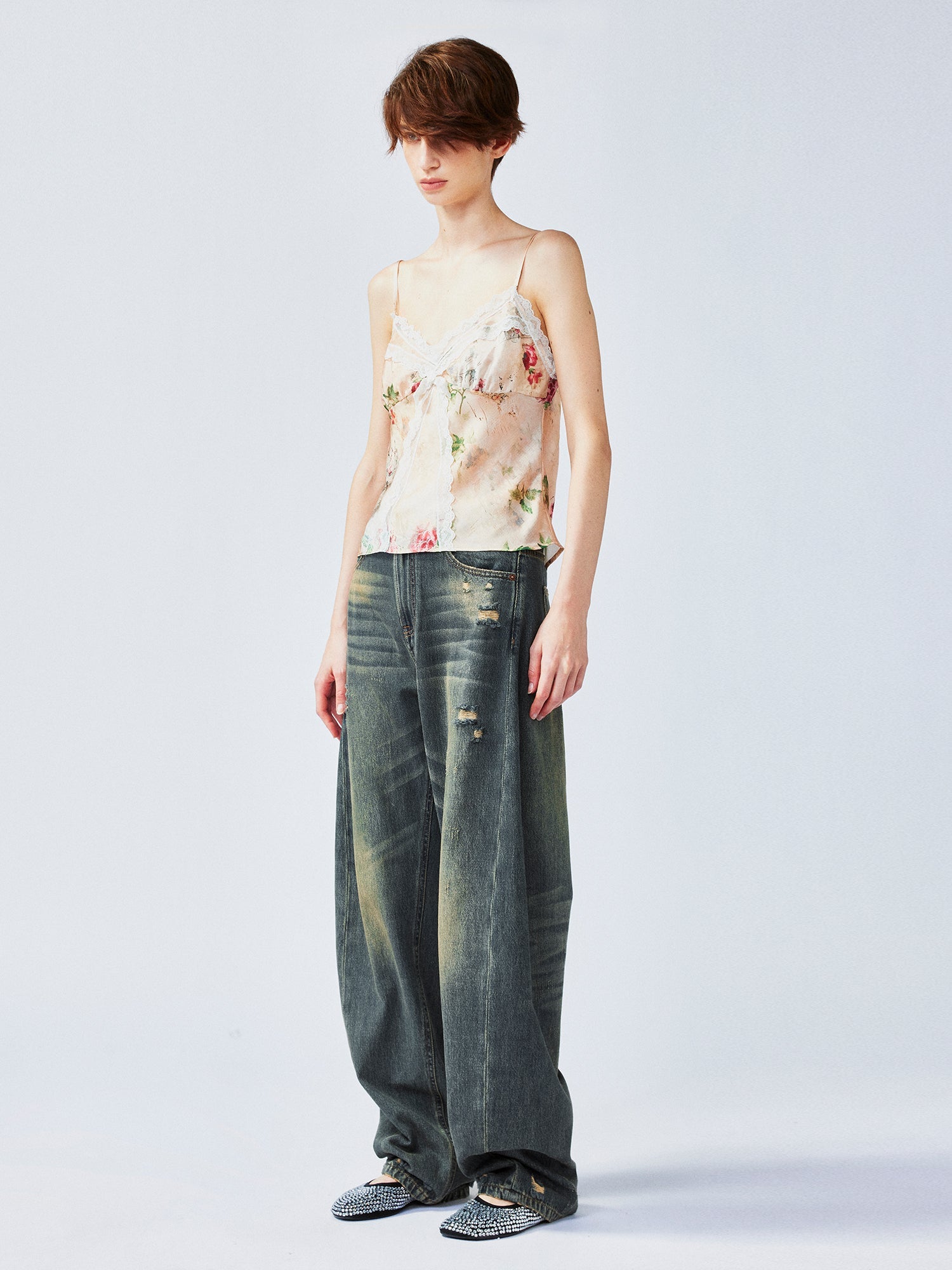 Vintage distressed wallpaper floral lace camisole