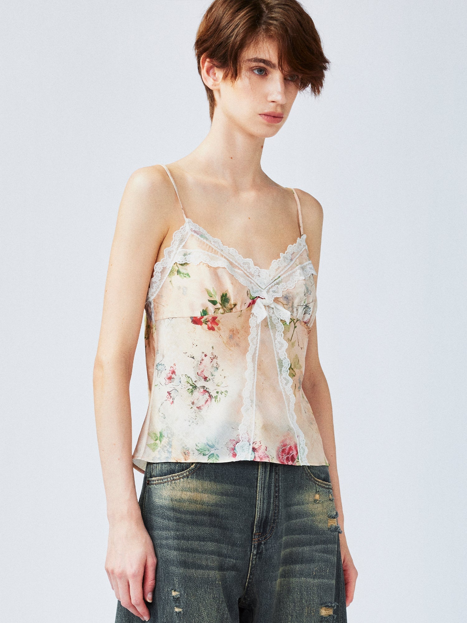 Vintage distressed wallpaper floral lace camisole