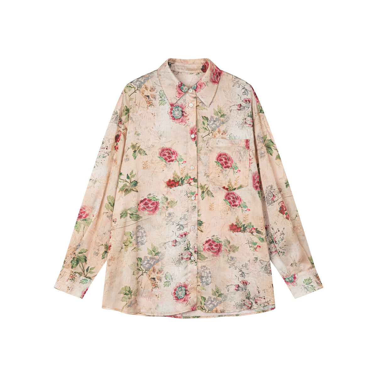 ヴィンテージの風合いのある壁紙の花柄シャツ