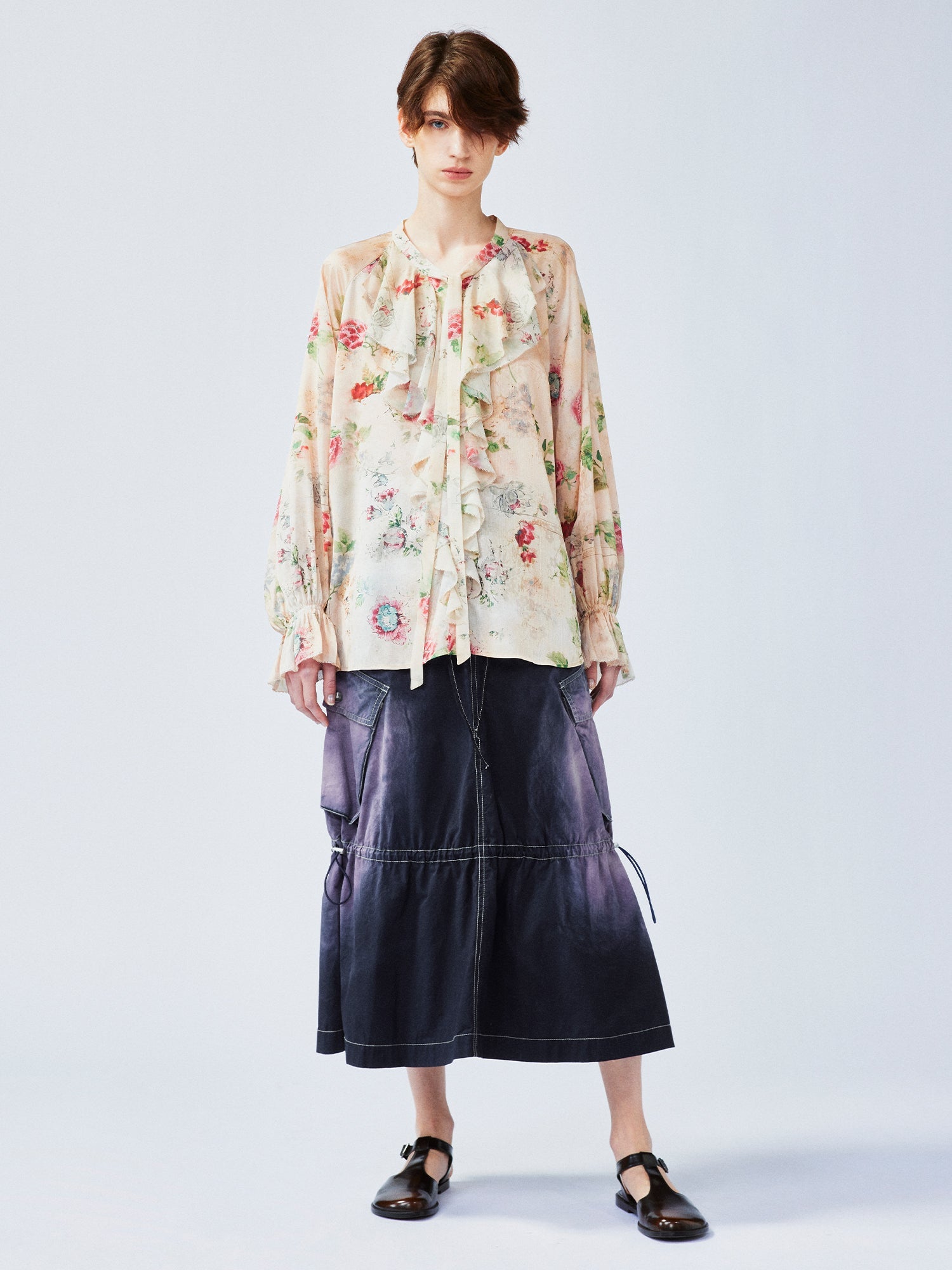 Vintage distressed wallpaper floral ruffled tie shirt