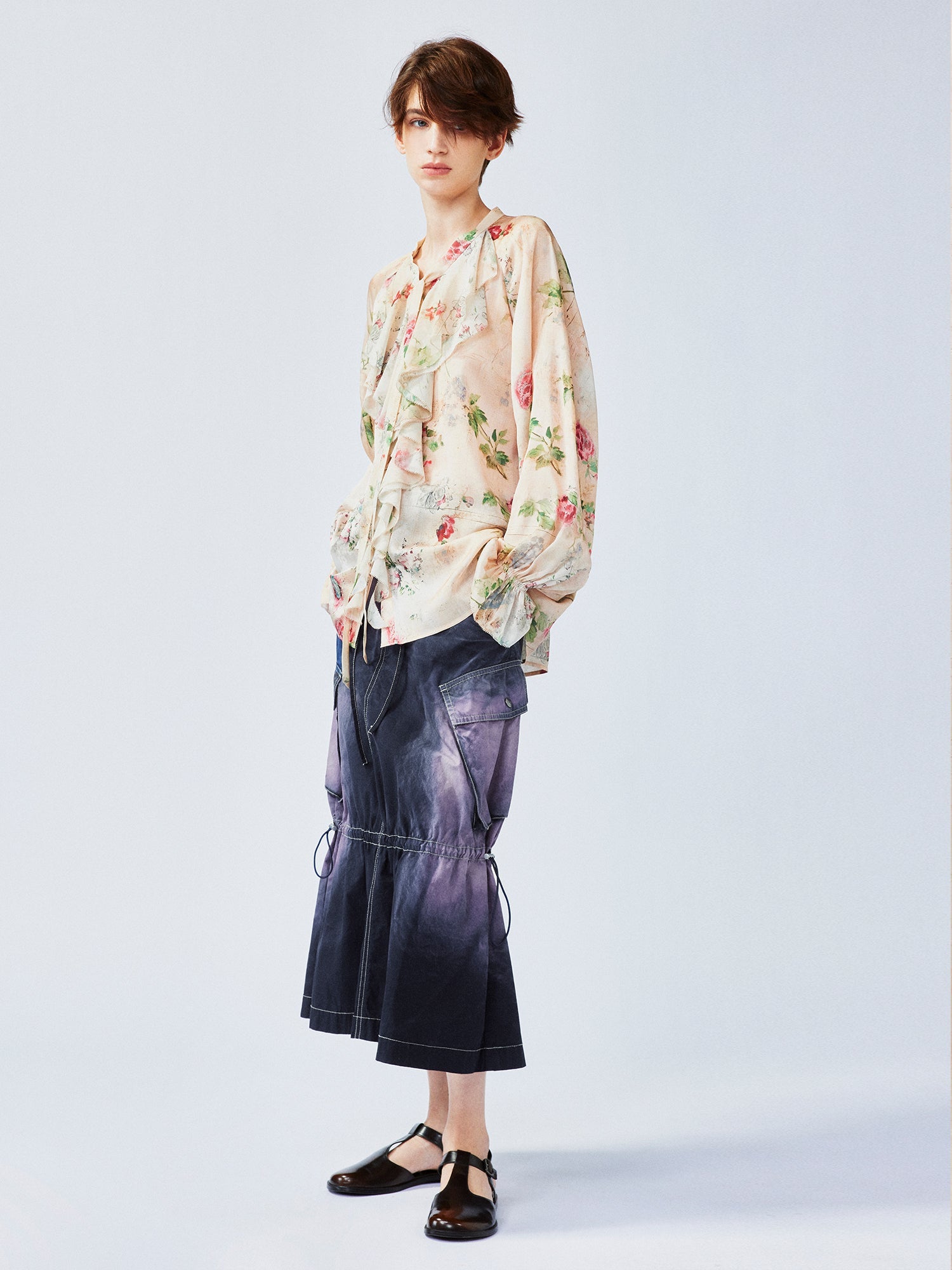 Vintage distressed wallpaper floral ruffled tie shirt