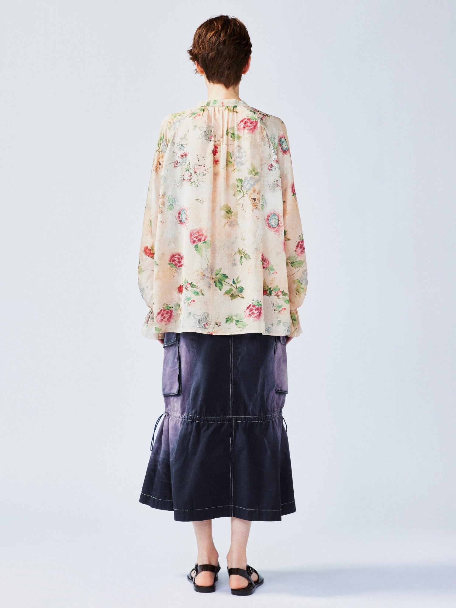 Vintage distressed wallpaper floral ruffled tie shirt