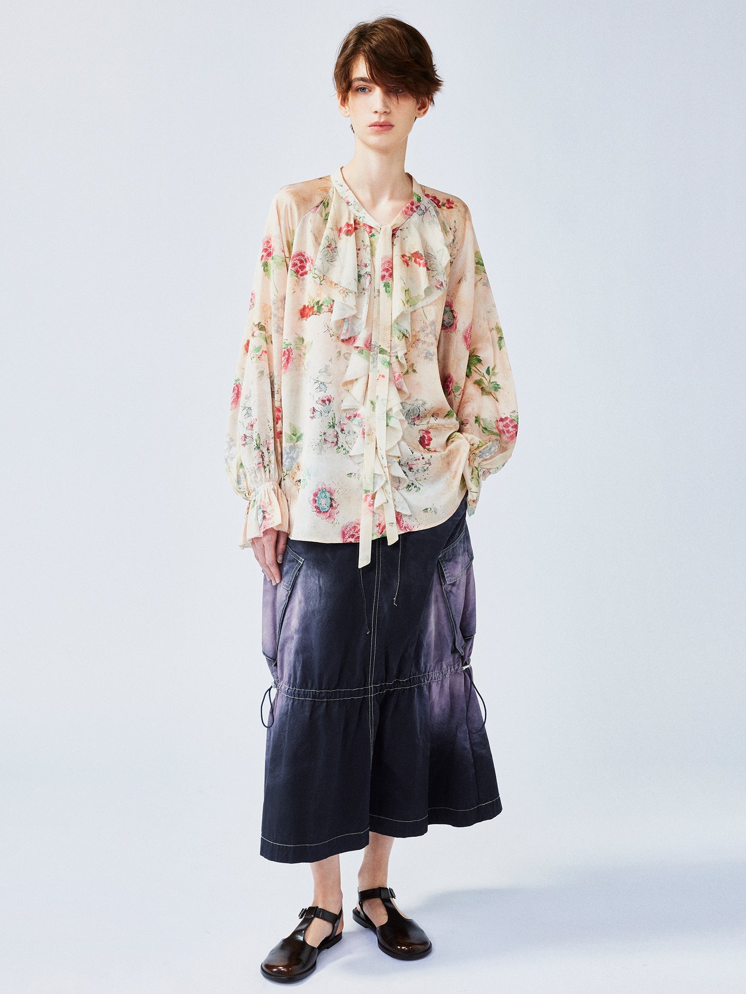 Vintage distressed wallpaper floral ruffled tie shirt