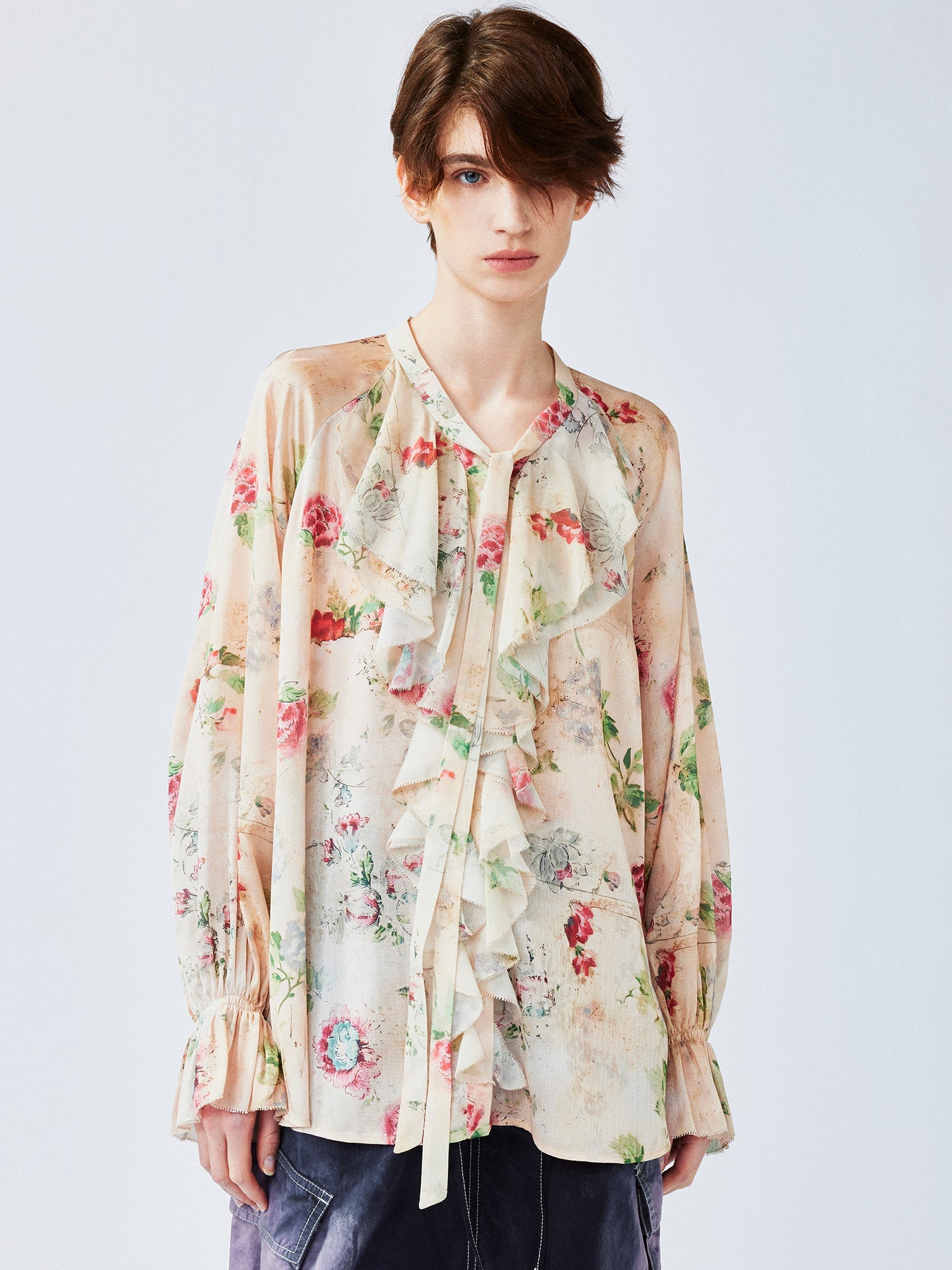 Vintage distressed wallpaper floral ruffled tie shirt