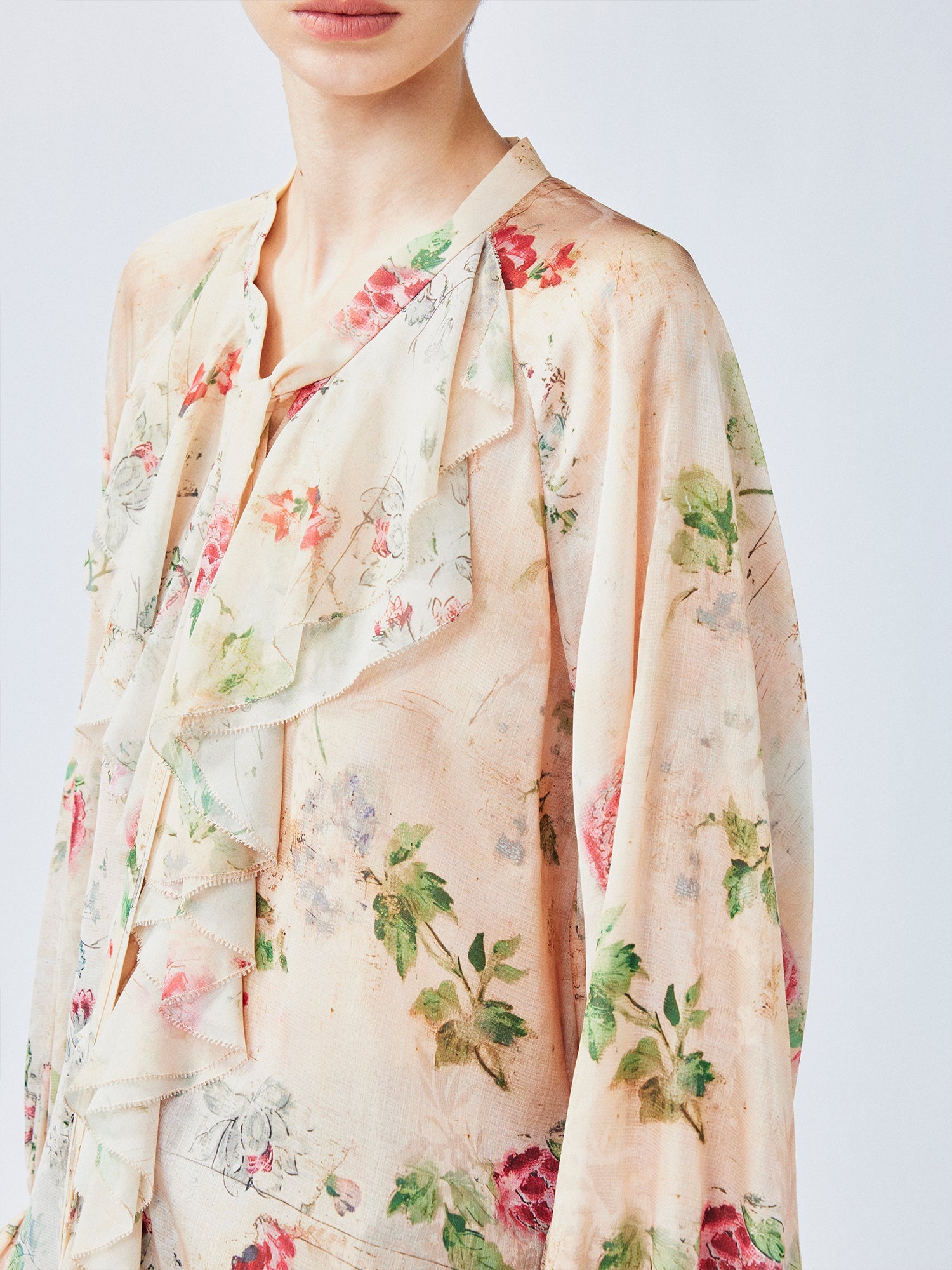 Vintage distressed wallpaper floral ruffled tie shirt