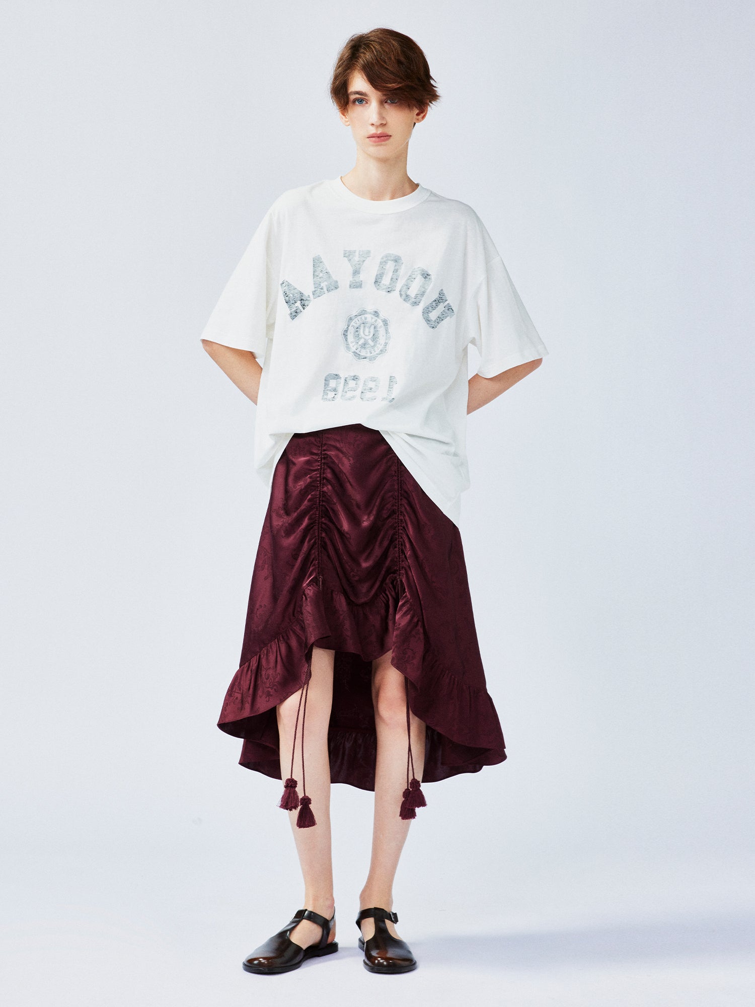 Satin jacquard draped skirt