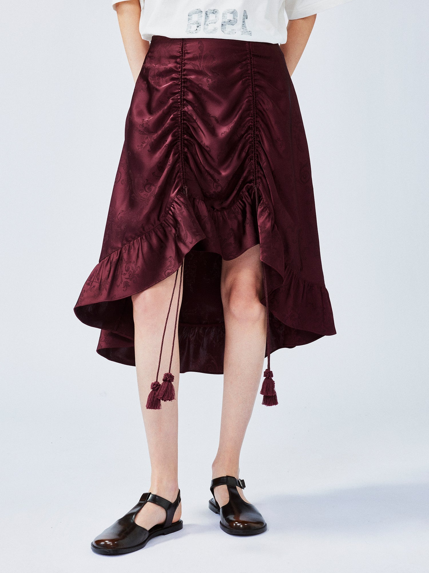 Satin jacquard draped skirt