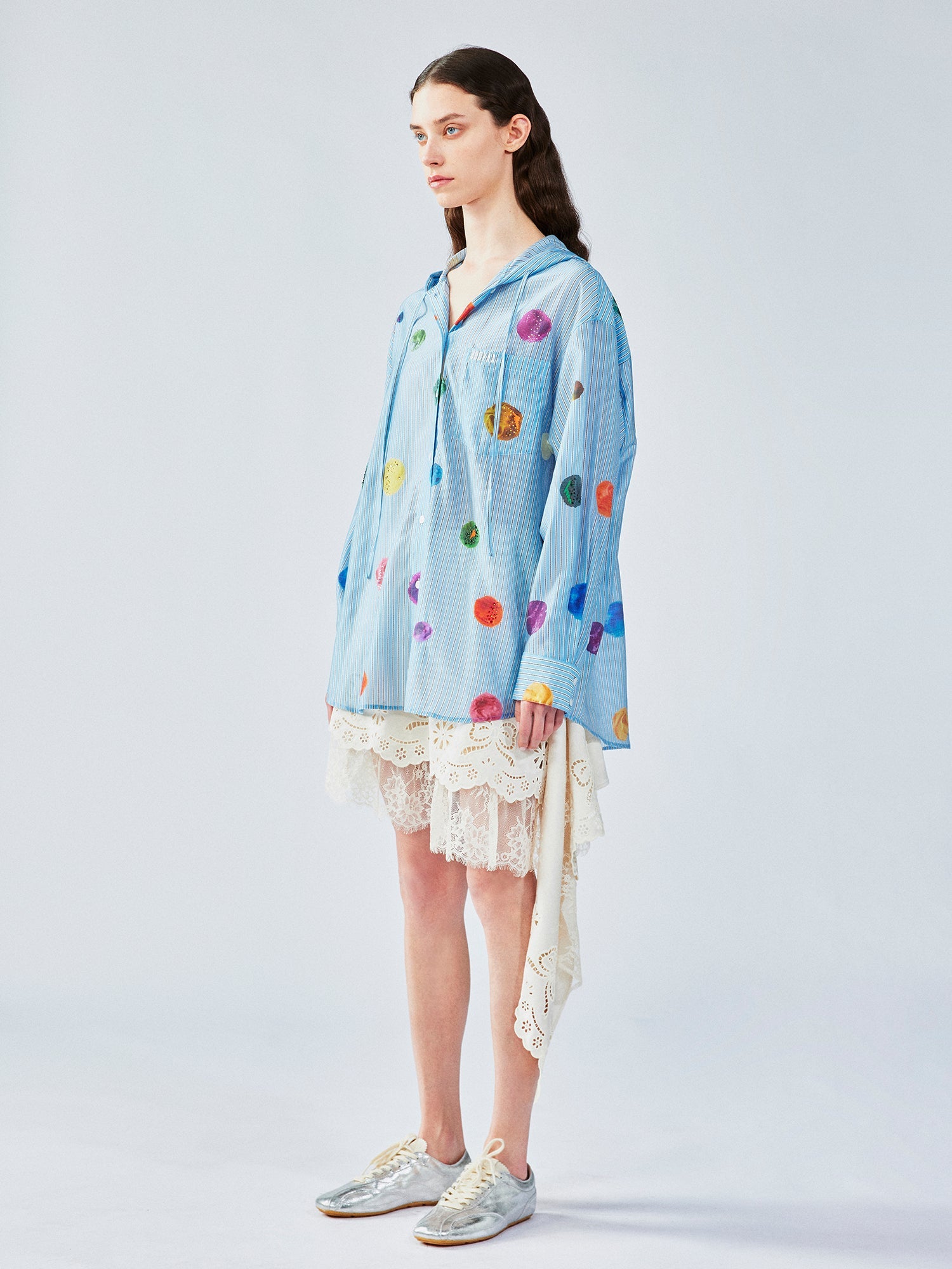 Painterly polka dot hooded shirt