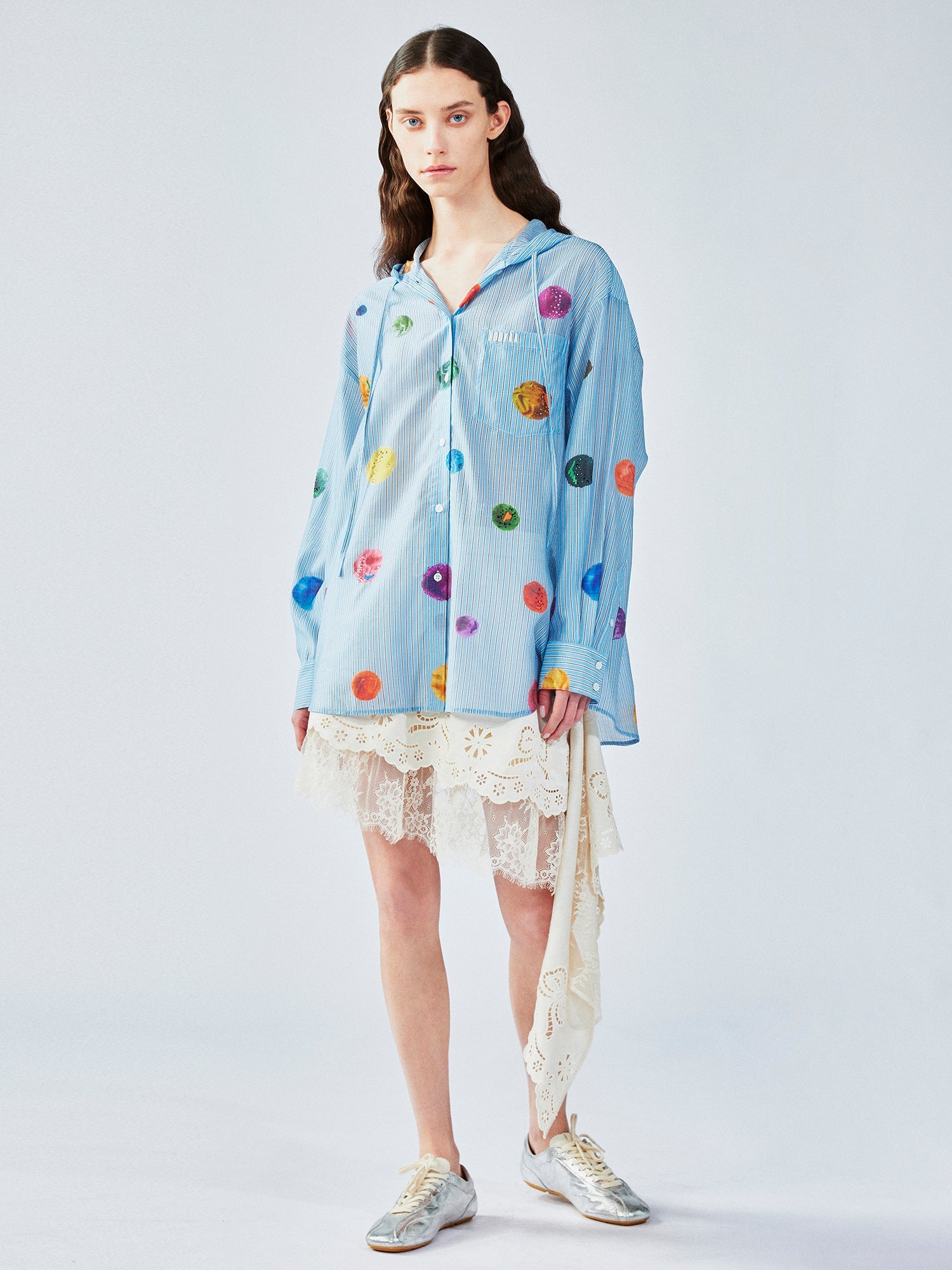 Painterly polka dot hooded shirt