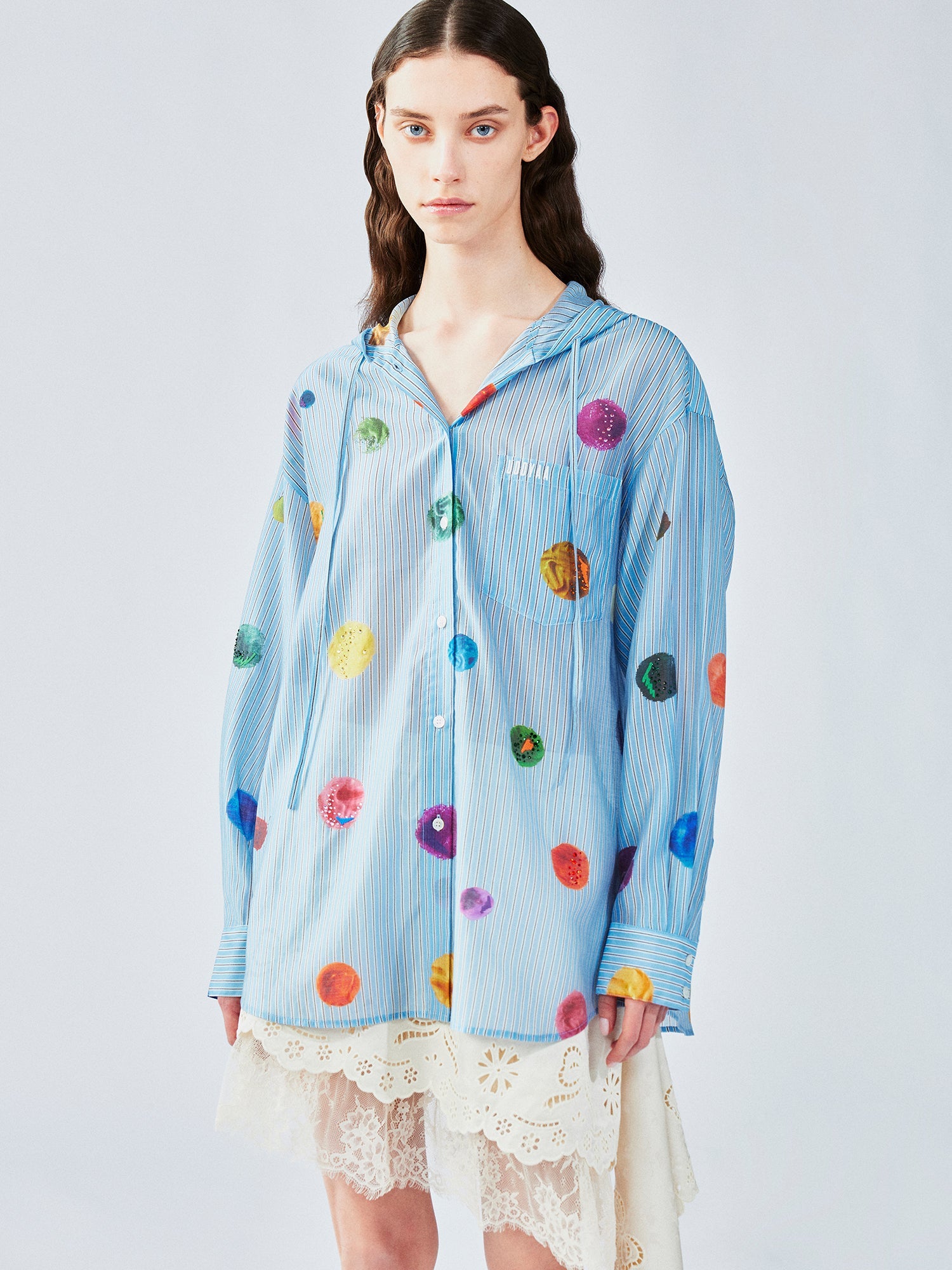Painterly polka dot hooded shirt
