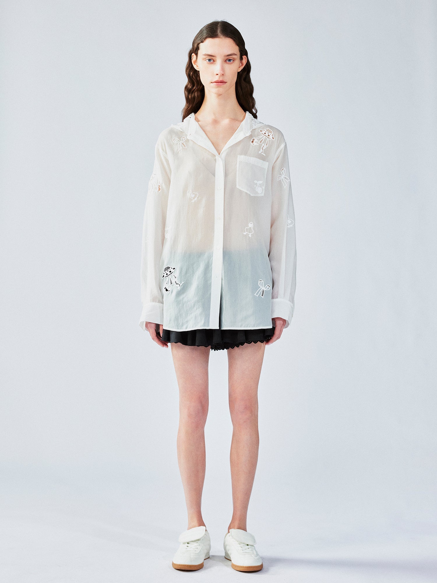 Embroidered cutout hooded shirt