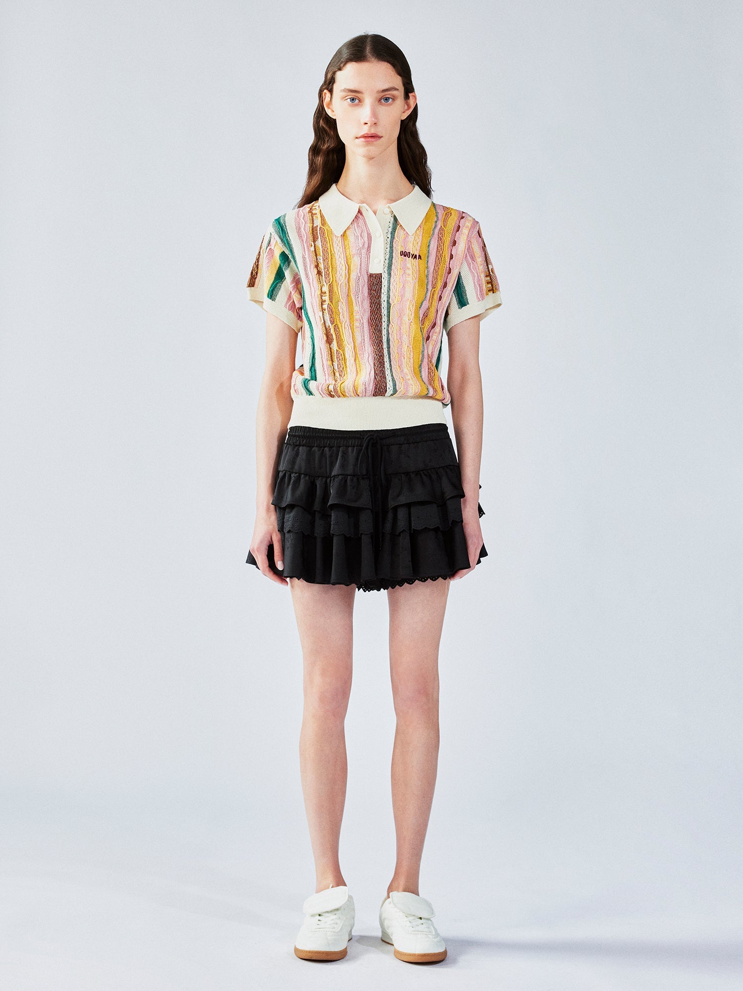 Retro ribbed polo knit T-shirt