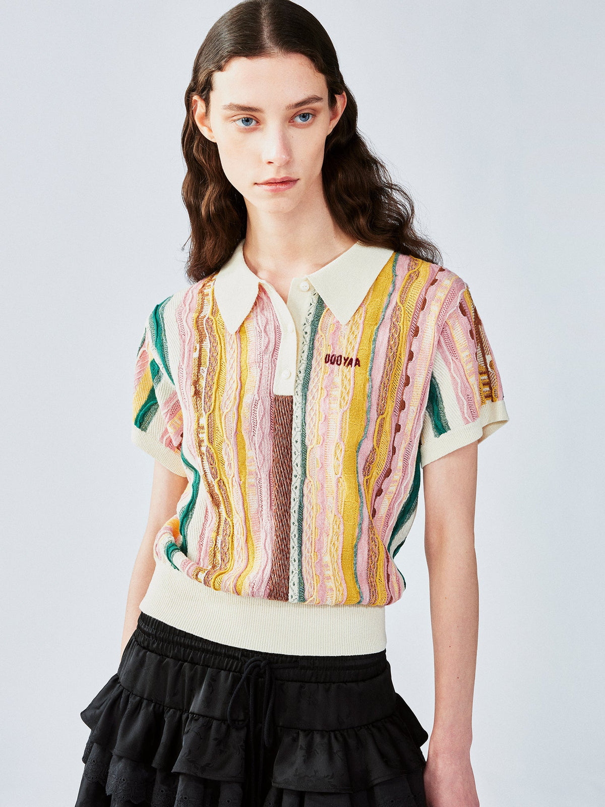 レトロなリブ編みのポロニットTシャツ
